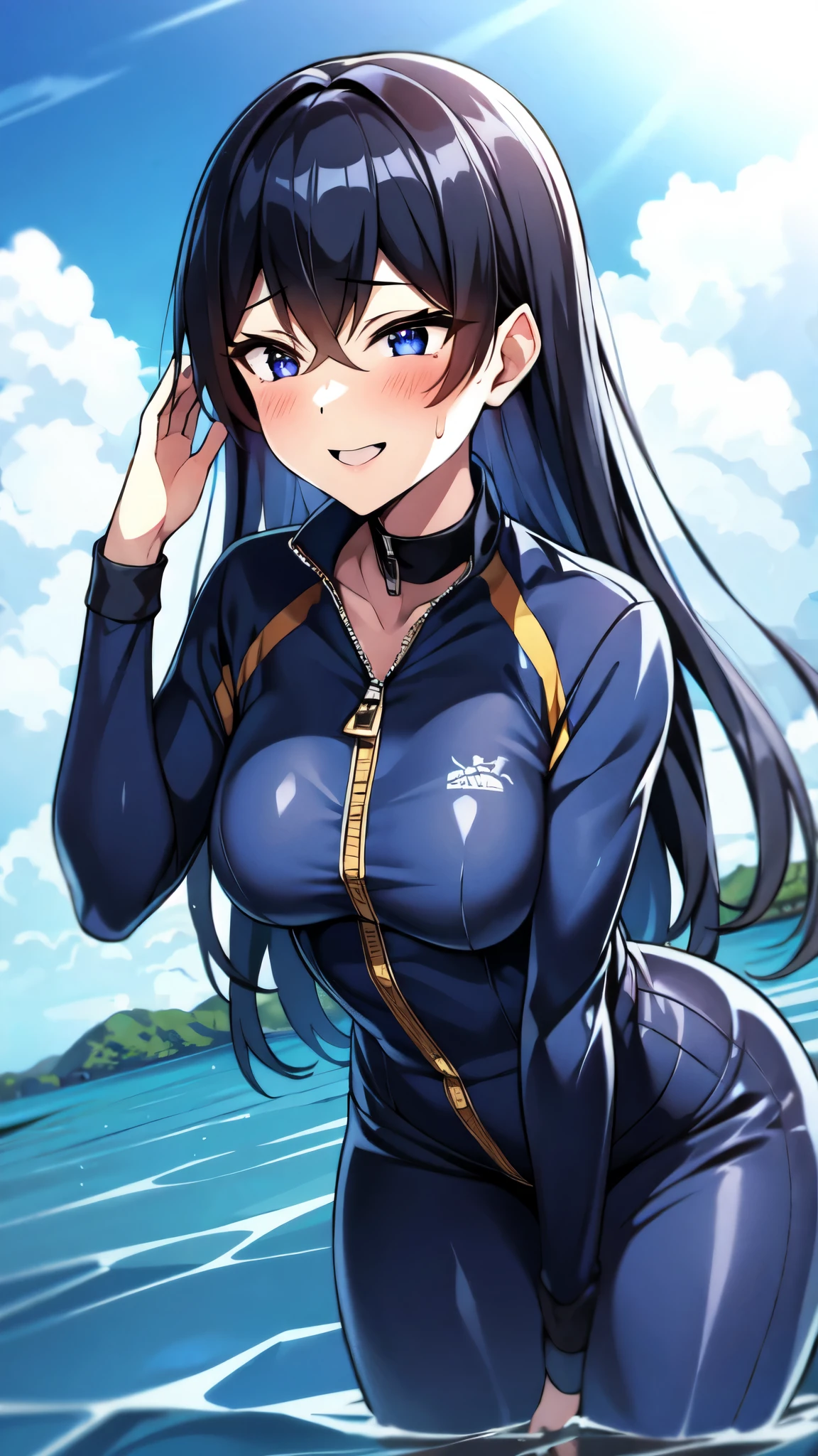 （（super high quality,））（（Ultra-high resolution,））（16K,）（super masterpiece,）（（Ultra HD ,））（Detailed shading,）（（Full Color,））Sea in clear skies,Looking up from below,One Girl,（（A shiny navy blue skin-tight sweatsuit,Open from neck to chest:1.8,popped Tight open collar:1.6,Long sleeve,））sexly,（Straight black long hair）,Bangs cross in front of the forehead,smile,blush,Sharp eyes,A lot of water splashing from below,Soaking wet,Sweaty,Open your legs a little,Leaning forward greatly,Hold the zipper with your hands,