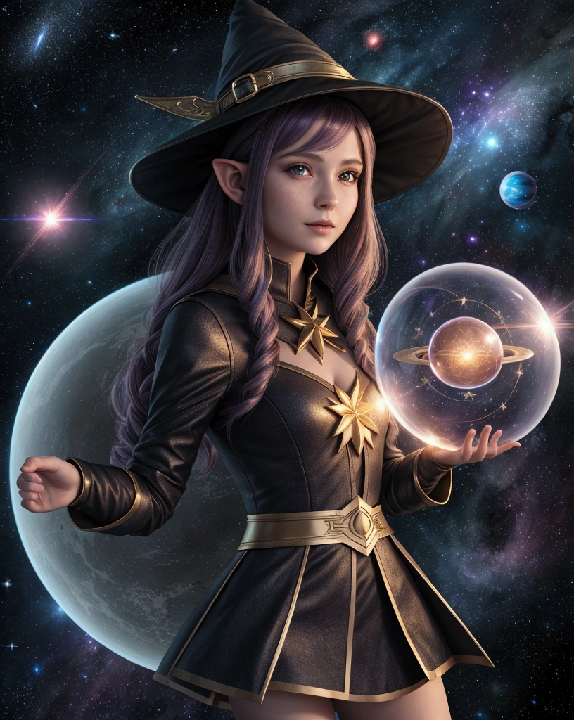 best quality, highres, 1girl, elf, witch hat, floating in space, energy sphere, light particles, shiny hair, shining stars, fantasy,