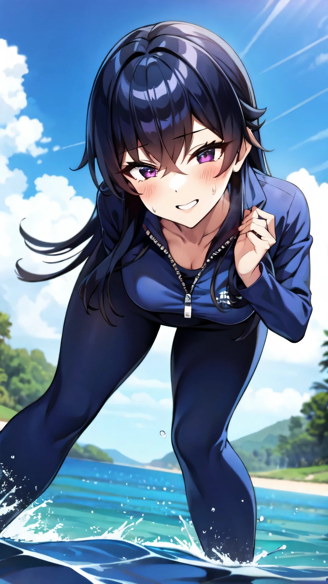 （（super high quality,））（（Ultra-high resolution,））（16K,）（super masterpiece,）（（Ultra HD ,））（Detailed shading,）（（Full Color,））Sea in clear skies,Looking up from below,One Girl,（（A shiny navy blue skin-tight sweatsuit,Open from neck to chest:1.8,popped Tight open collar:1.6,Long sleeve,））sexly,（Straight black long hair）,Bangs cross in front of the forehead,smile,blush,Sharp eyes,A lot of water splashing from below,Soaking wet,Sweaty,Open your legs a little,Leaning forward greatly,（（Hold the zipper with your hands,））