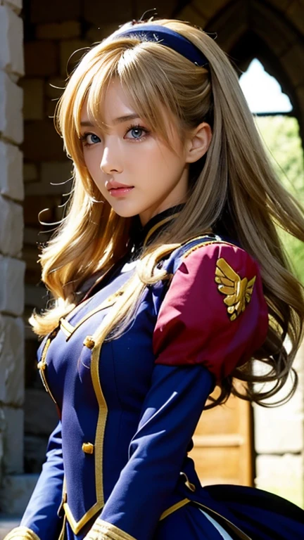 Highest quality, Official Art, masterpiece, Fabric Shading, High resolution, Very detailed, colorful, Best details, Fantasy, Combat Uniform, Yuki Mori:1.5, 1 female, Age 25, Golden Hair, Long Hair, Curly Hair, Highest quality, Official Art, masterpiece, Fabric Shading, High resolution, Very detailed, colorful, Best details, Fantasy, Combat Uniform,1 female, 2, Standing on the stairs, A castle town with an old castle, sunny, Random Hair, Large Breasts, skinny, Surrounded by a lot of people:1.9, Confetti falling, Blessed, Welcomed:1.5, Camel Toe:1.3, Ground level shot:,