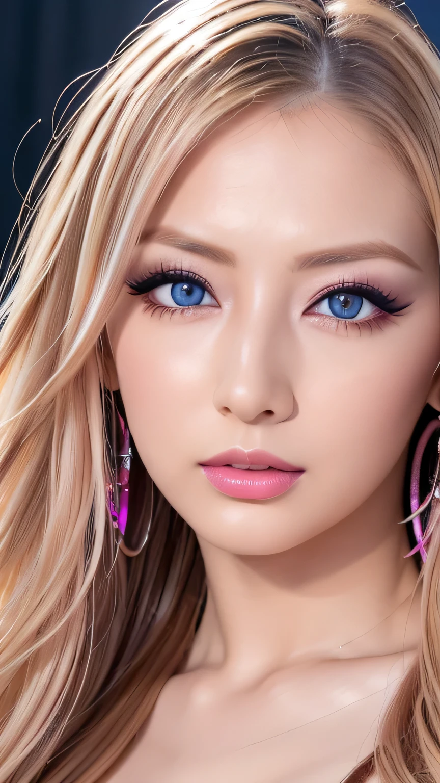 ((Highest quality, 超High resolution、The most complex and detailed depiction))、(Bright lighting:1.1)、(Beautiful woman:1.1)、(Long Wavy Hair:1.05), (Accurate anatomy:1.1)、Colored contact lenses、Perfect Makeup、Pink lipstick、Highly saturated eyeshadow、Unparalleled beauty, Glossy, firm and shiny skin, Bangs between the eyes, Beautiful shiny curly platinum blonde hair, Ultra long wavy silky hair, eyeliner, sexlyで美しい無邪気な30歳, High resolution, Very beautiful and shiny、Large, extremely bright light blue eyes、Very big eyes、Beautiful and lovely girl, ((Huge ))、((erotic、sexly、超High resolution、The lighting is bright、Precise needles without discomfort))、