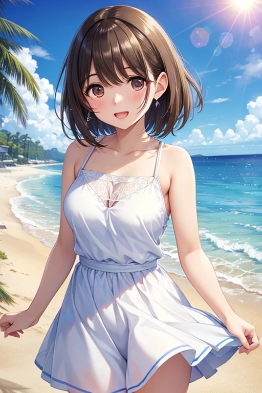 anegasaki nene、Shiny brown hair, short hair, (Beautiful brown eyes、Sparkling eyes, Fine grain)、smile、Ultra-detailed eyes、Highly detailed face, Highly detailed eyes,Cowboy Shot、



(Highest quality:1.2), One girl, Cumulonimbus, Summer beach、Lens flare、sun, Sleeveless white sun mini dress、Sweat、Happy、Wide open mouth、Cowboy Shot, Shoot from the front