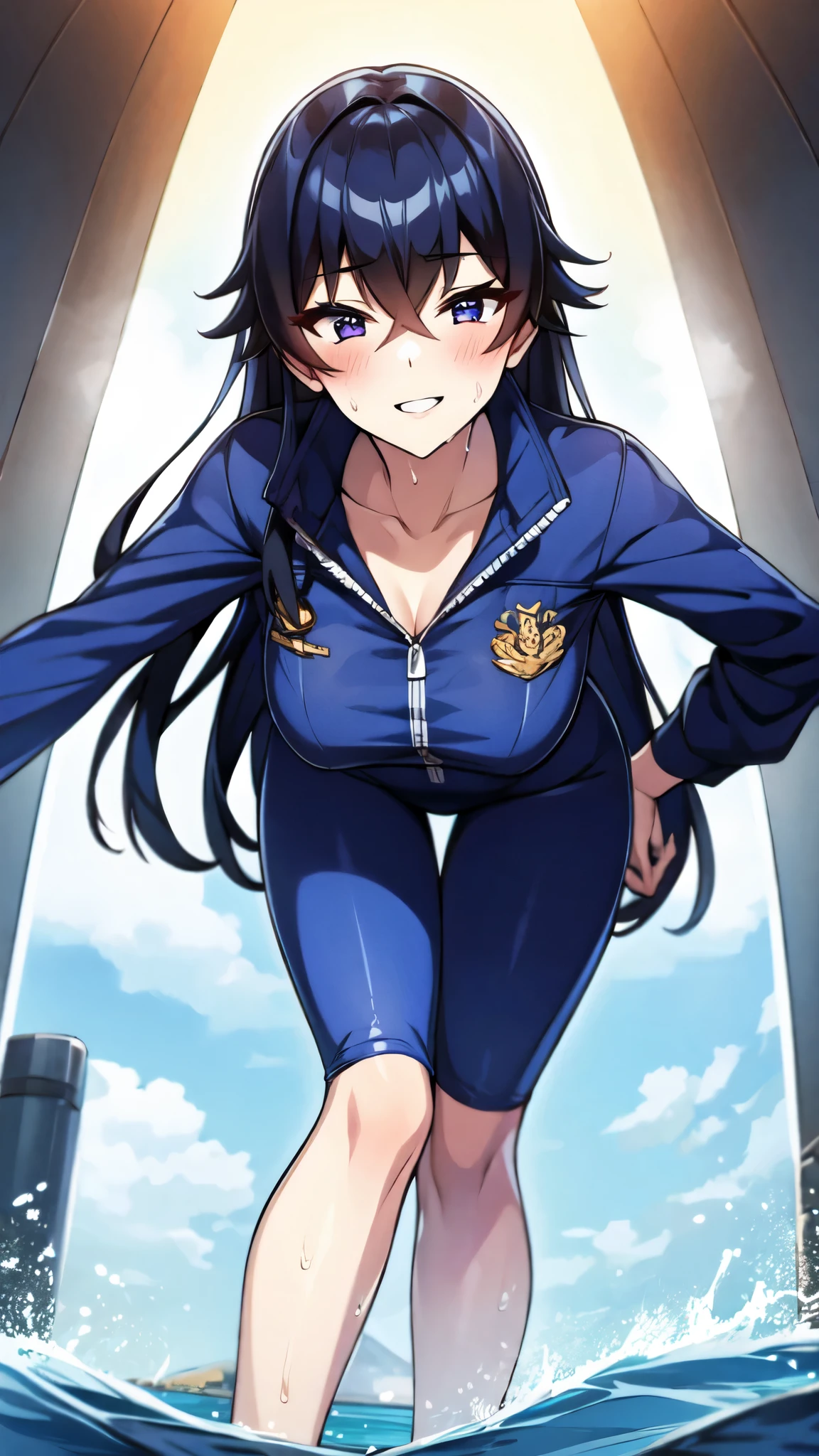 （（super high quality,））（（Ultra-high resolution,））（16K,）（super masterpiece,）（（Ultra HD ,））（Detailed shading,）（（Full Color,））Sea in clear skies,Looking up from below,One Girl,（（A shiny navy blue skin-tight sweatsuit,Open from neck to chest:1.8,popped Tight open collar:1.6,Long sleeve,））sexly,（Straight black long hair）,Bangs cross in front of the forehead,smile,blush,Sharp eyes,A lot of water splashing from below,Soaking wet,Sweaty,Open your legs a little,Leaning forward greatly,Put your hands on your hips,