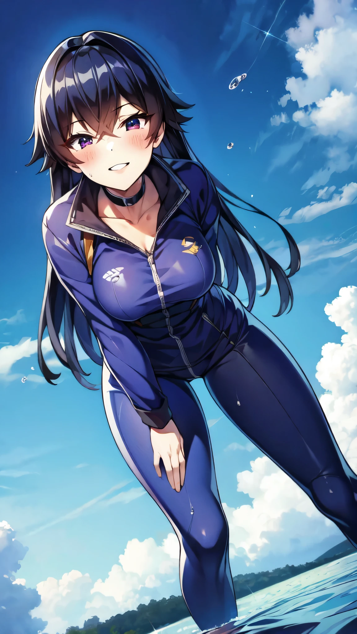 （（super high quality,））（（Ultra-high resolution,））（16K,）（super masterpiece,）（（Ultra HD ,））（Detailed shading,）（（Full Color,））Sea in clear skies,Looking up from below,One Girl,（（A shiny navy blue skin-tight sweatsuit,Open from neck to chest:1.8,popped Tight open collar:1.6,Long sleeve,））sexly,（Straight black long hair）,Bangs cross in front of the forehead,smile,blush,Sharp eyes,A lot of water splashing from below,Soaking wet,Sweaty,Open your legs a little,Leaning forward greatly,Put your hands on your hips,