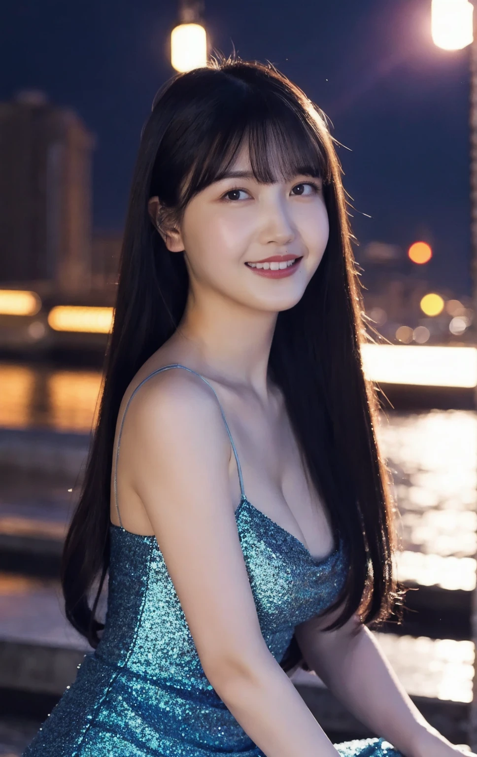 1girl,(wearing a blue glittery evening dress:1.2),(RAW photo, best quality), (realistic, photo-realistic:1.4), masterpiece, an extremely delicate and beautiful, extremely detailed, 2k wallpaper, Amazing, finely detail, extremely detailed CG unity 8k wallpaper, ultra-detailed, highres, soft light, beautiful detailed girl, extremely detailed eyes and face, beautiful detailed nose, beautiful detailed eyes,cinematic lighting,city lights at night,perfect anatomy,slender body,light smile,close up,(long hair with bangs), big breast