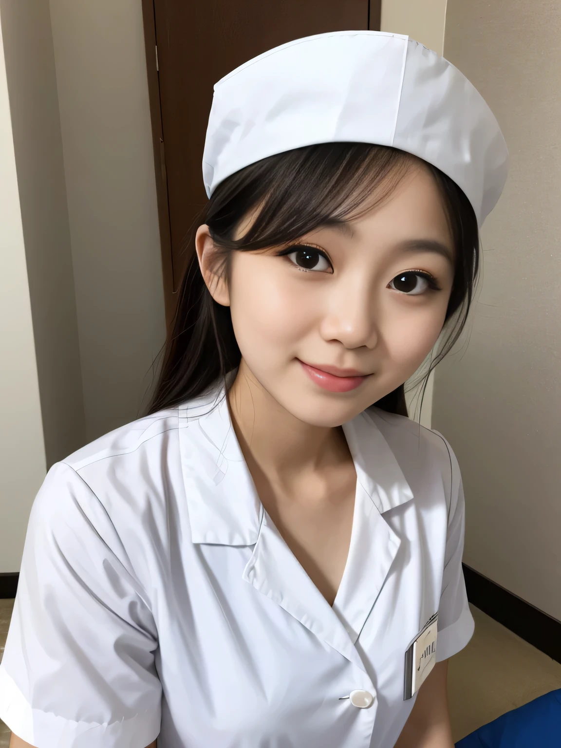 a beautiful young japanese female nurse, wearing white nurse uniform , nurse cap , in the hospital 