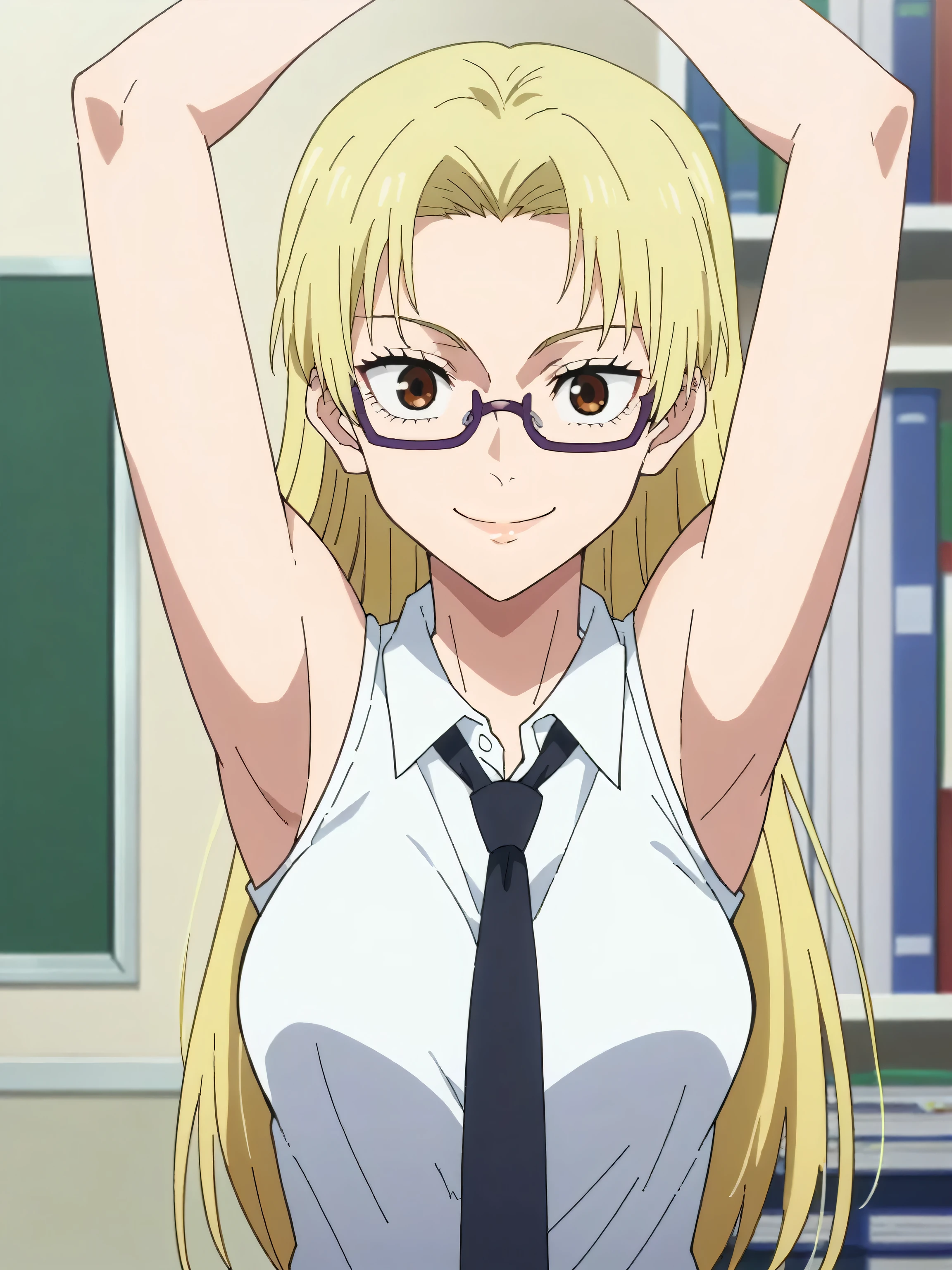 score_9, score_8_up, score_7_up, source_anime, anime screencap, 1girl, solo, indoors, office, tsukumo yuki, brown eyes, glasses, blonde hair, long hair, medium breasts, black necktie, shirt, white shirt, collared shirt, sleeveless shirt, office lady, bare shoulders, bare arms, looking at viewer, eye contact with viewer, facing viewer, smile, closed mouth, arms up, raised arms, armpits, jujutsu_kaisen_style