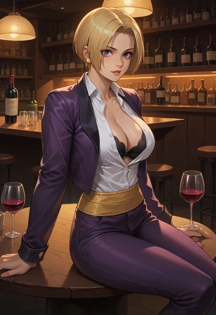 king of the game "The King of Fighters", yellow pearl, purple jacket, unbuttoned white shirt, black bra, purple flared pants, sexy black panty, flirtatious look, sitting on a table, in a bar, wine spilled on his chest, big breasts. 