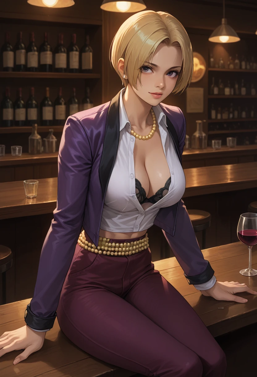 king of the game "The King of Fighters", yellow pearl, purple jacket, unbuttoned white shirt, black bra, purple flared pants, sexy black panty, flirtatious look, sitting on a table, in a bar, wine spilled on his chest, big breasts. 