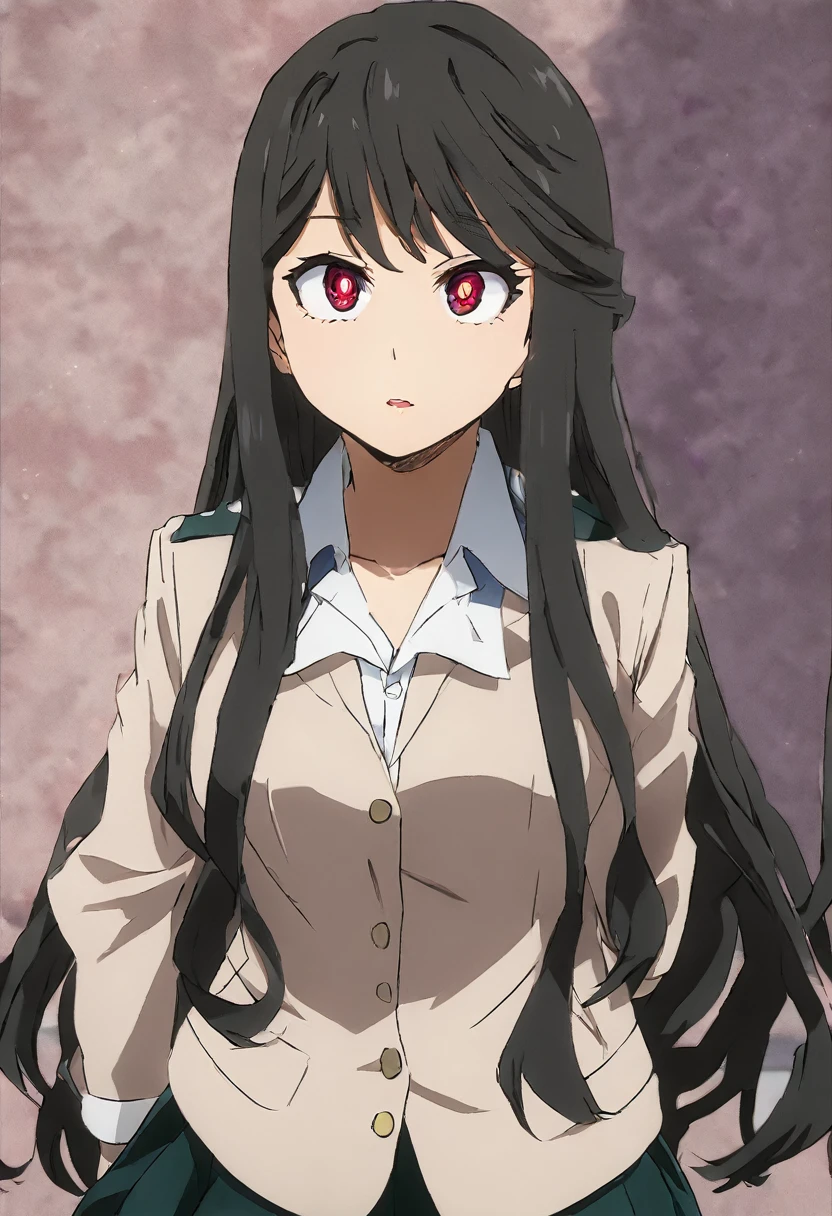 Black long hair, crimson eyes, Female, teenager, U.A. school uniform