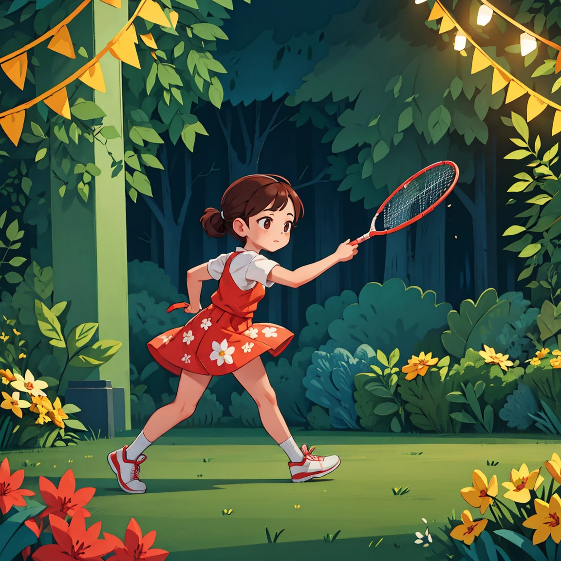 A girl playing badminton on the court, With beautiful brown hair. (best quality, detailed), Badminton court environment, Sportswear, Calm expression, Bright Lights, elegant dress, Floral Decoration, Specific architectural details, ,