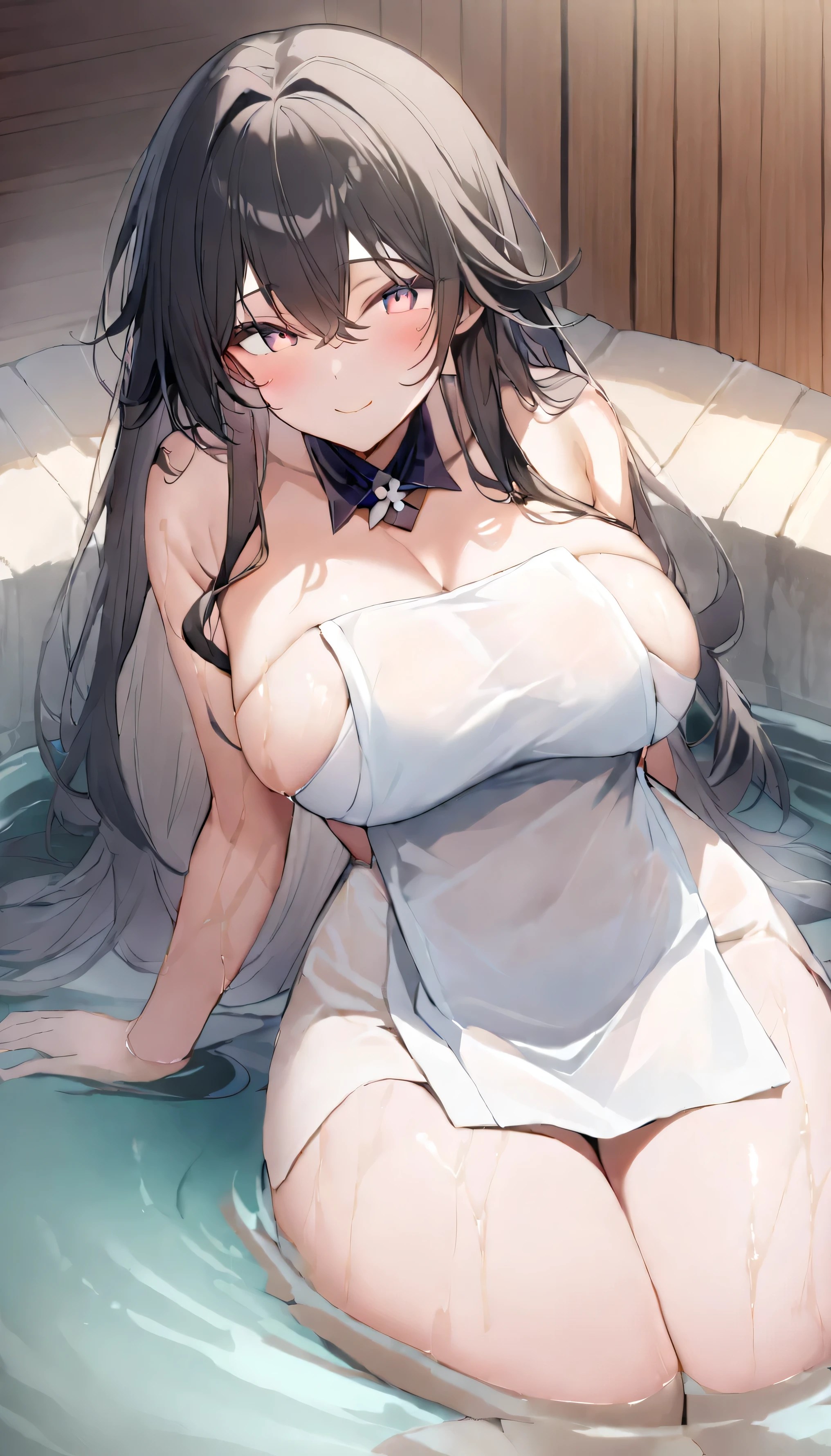 Anime illustration,(masterpiece,Very delicate and beautiful:1.2),Split Collar,(Black Hair,alone:1.5), (最high quality:1.2), (Ultra-high resolution,:1.4),(Elegant Japanese-style hot spring,bath towel:1.5), ((smile、Attractive big ,Beautiful Skin,Beautiful Skin,Shiny Hair,Glowing Skin)),(Azuma,Azur Lane:1.10),,10,000 Likes！high quality 