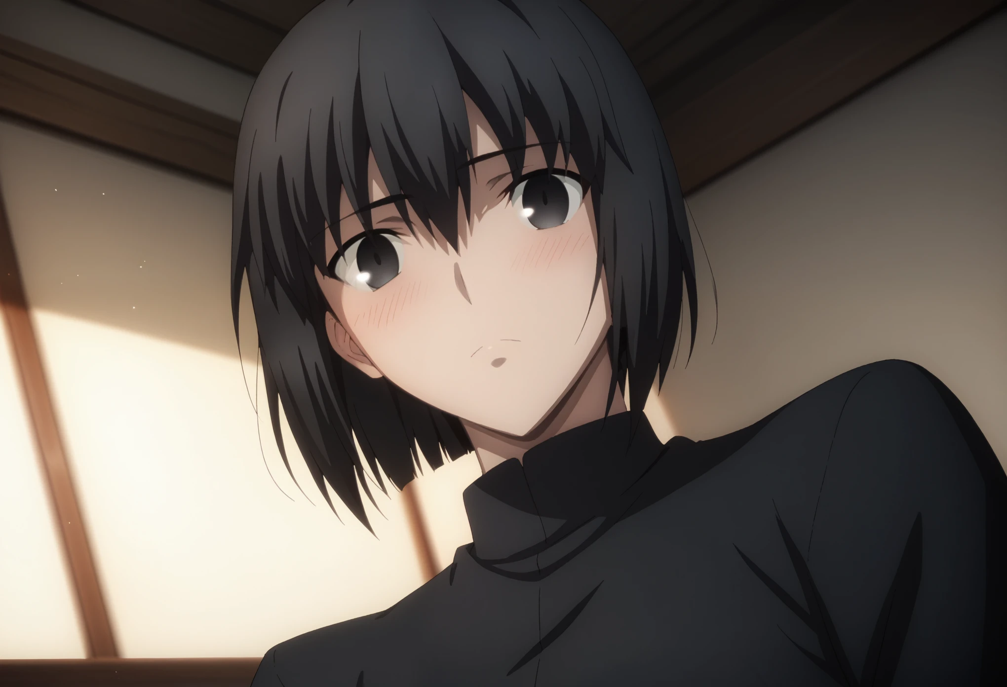 sauce_anime, ambient light,
fsn_ubw_style, 1girl ,tall girl, straight hair ,bob cut hair, black hair, deep black eyes, squinting, hair between eyes, perfect eyes , Perfect face, expressive eyes, close up face:0.2 ,  
(undress black shirt),,suit black pants, (slender body), slim body,
indoors, bed, realistic bed room, on side, ,
cowboy shot, looking at viewer, solo, dutch angle, blush, medium breast, 