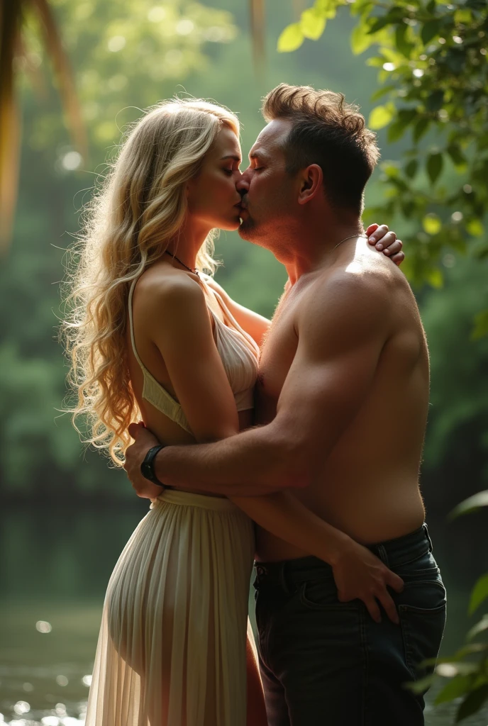 Hot, pretty women, sexy angel, naked on a river, dynamic pose, hot guy kissing her, porn.