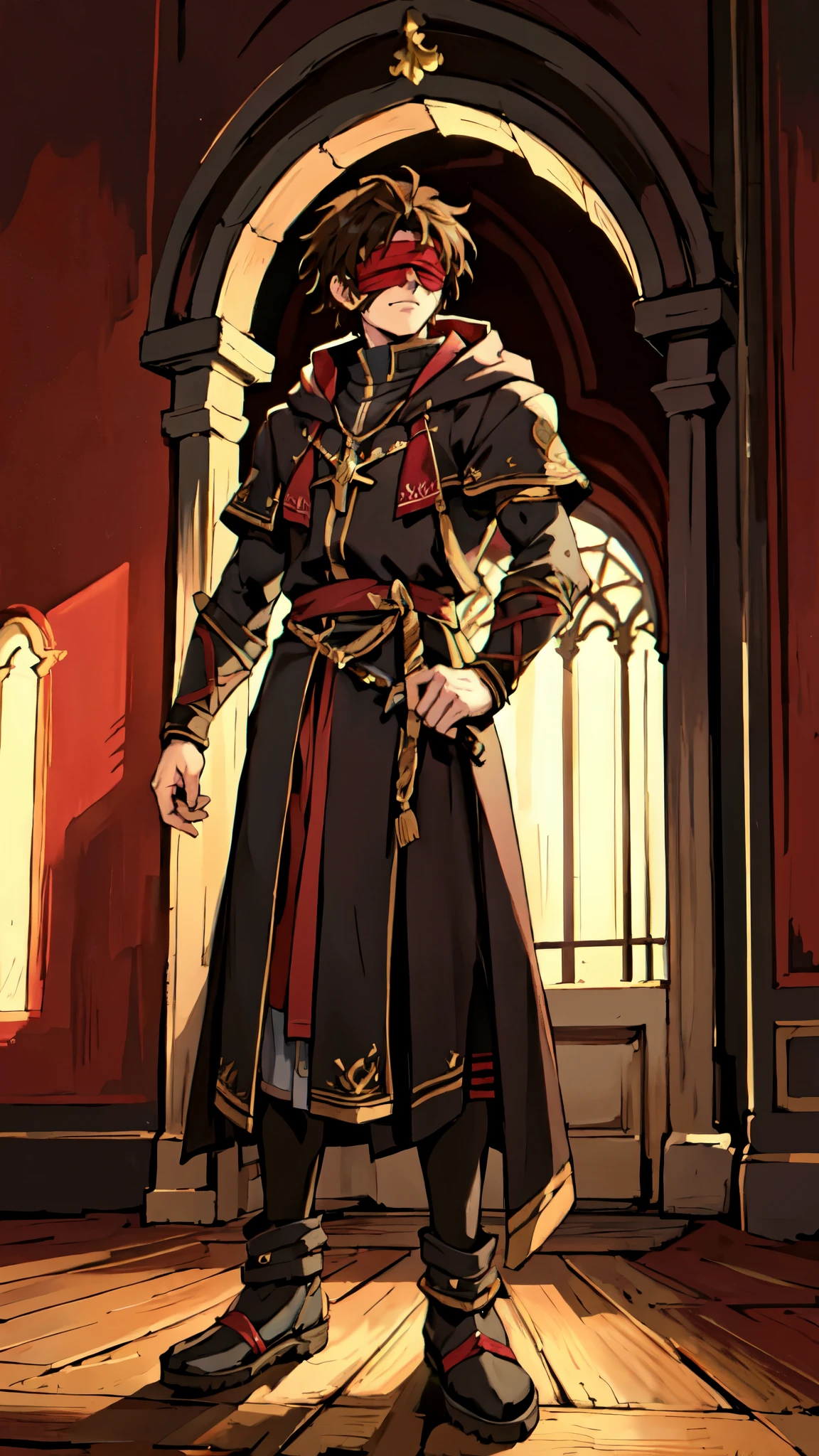 (masterpiece:1.2, best quality:1.2, extremely delicate:1.2), ((male:1.5)), a grown man with spiky brown hair, side-parted bangs, (Red blindfold:1.5), a resigned expression, a fantasy-realism style black hooded coat, a tattered gray robe underneath, cloth shoes, he stands within a Medieval Futurism-style temple, this character embodies a finely crafted Medieval Futurism-style priest in anime style, exquisite and mature manga art style, dramatic, high definition, highres, ultra-detailed, ultra-fine painting, professional, perfect body proportions, golden ratio, anatomically correct, symmetrical face, extremely detailed eyes and face, high quality eyes, creativity, RAW photo, UHD, 32k, Natural light, cinematic lighting, (masterpiece-anatomy-perfect:1.2)