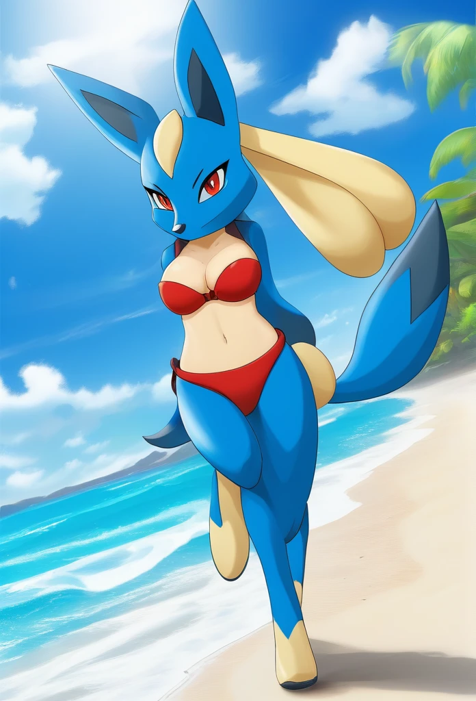 LucarioXL, large breasts, red bikini, beach backround, masterpiece, Big Ass, Hyper Ass, Huge Ass, Big Hips, Huge hips, Hyper Hip, Big ass,  Hair between the eyes, short hair, fox tail, tail, Mid-chest, Yellow Eyes, Ass Focus, , 