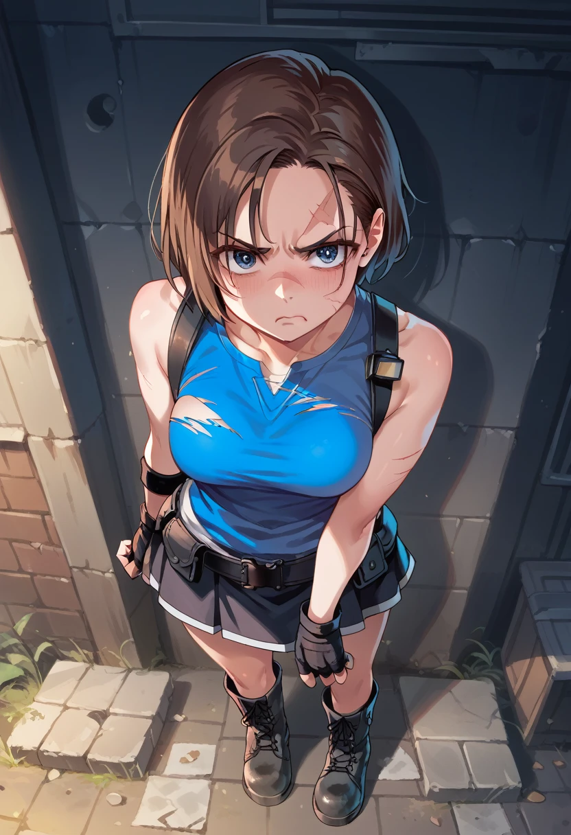 Jill Valentine from the game "Resident Evil", blue blouse torn, black rotted skirt, Boots, shooting in a dark alley, hay zombies, at night, from above, annoyed, hurt, support live, hincada, cuts on the body, flushed, orphanage, zombie in the background. Tied. 