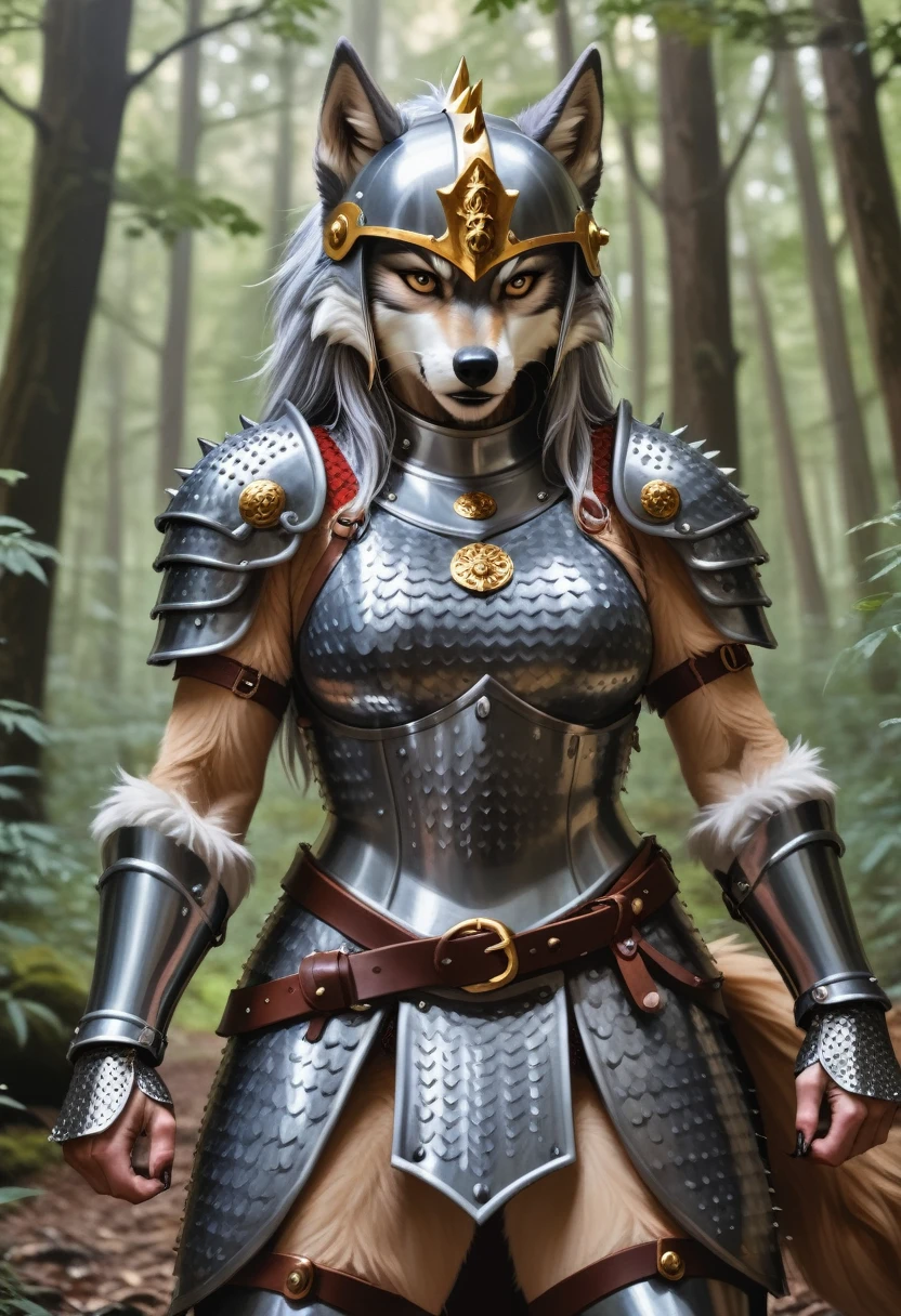 antro grey,wolf female(((furry))), ((golden,chain mail)),((leg armor)) ((spiked helmet)),(((battoujutsu Stance))) in a forest, masterpiece, 8k, hyper-detailed,realistic,