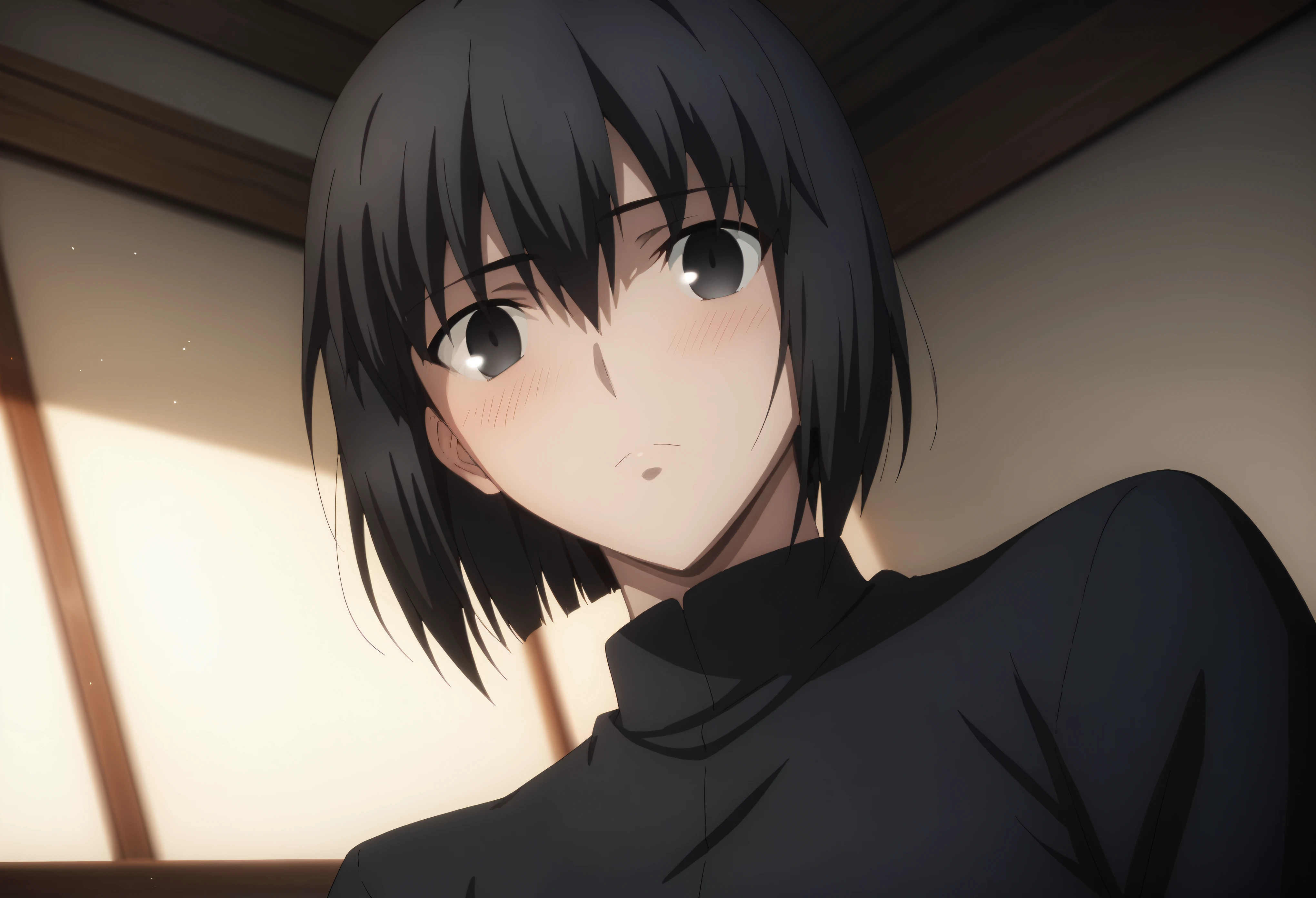 sauce_anime, ambient light,
fsn_ubw_style, 1girl ,tall girl, straight hair ,bob cut hair, black hair, deep black eyes, squinting, hair between eyes, perfect eyes , Perfect face, expressive eyes, close up face:0.2 ,
(undress black shirt),,suit black pants, (slender body), slim body,
indoors, bed, realistic bed room, on side, ,
cowboy shot, looking at viewer, solo, dutch angle, blush, medium breast,