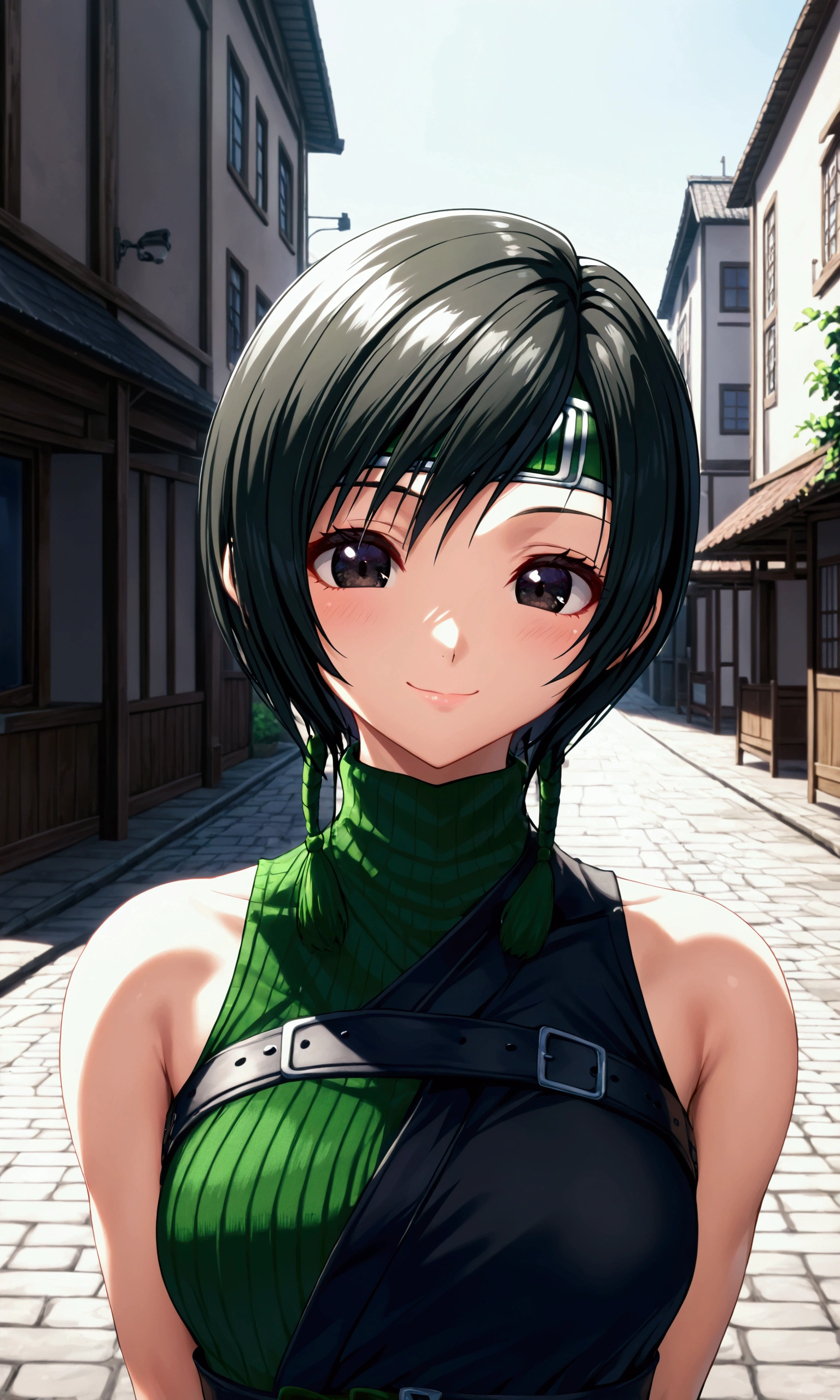 ((Final Fantasy 7 character Yuffie Kisaragi,yuffie kisaragi,highest quality, High resolution, perfect pixel, written boundary depth, 4K,photogravure pose))),((highest quality))、((super Realistic)),4K, 8k,uhd,16K,32K,masterpiece, one woman, beautiful, Improve, Compensate、((Highest quality、masterpiece:1.3)), Upper Body、Sharp focus:1.2, Beautiful woman with perfect figure:1.4, (Smiling:1.2), double eyelid、30-year-old female、Sexy pose、((((nosleeve black kimono,short black kimono、The background is the streetscape of the Edo period.))))、black eyes,(((Close mouth:1.2)))、One Woman,(((((Shortcuts、Black Hair:1.3)))))、((((All wear silver bands on their foreheads:1.2))))