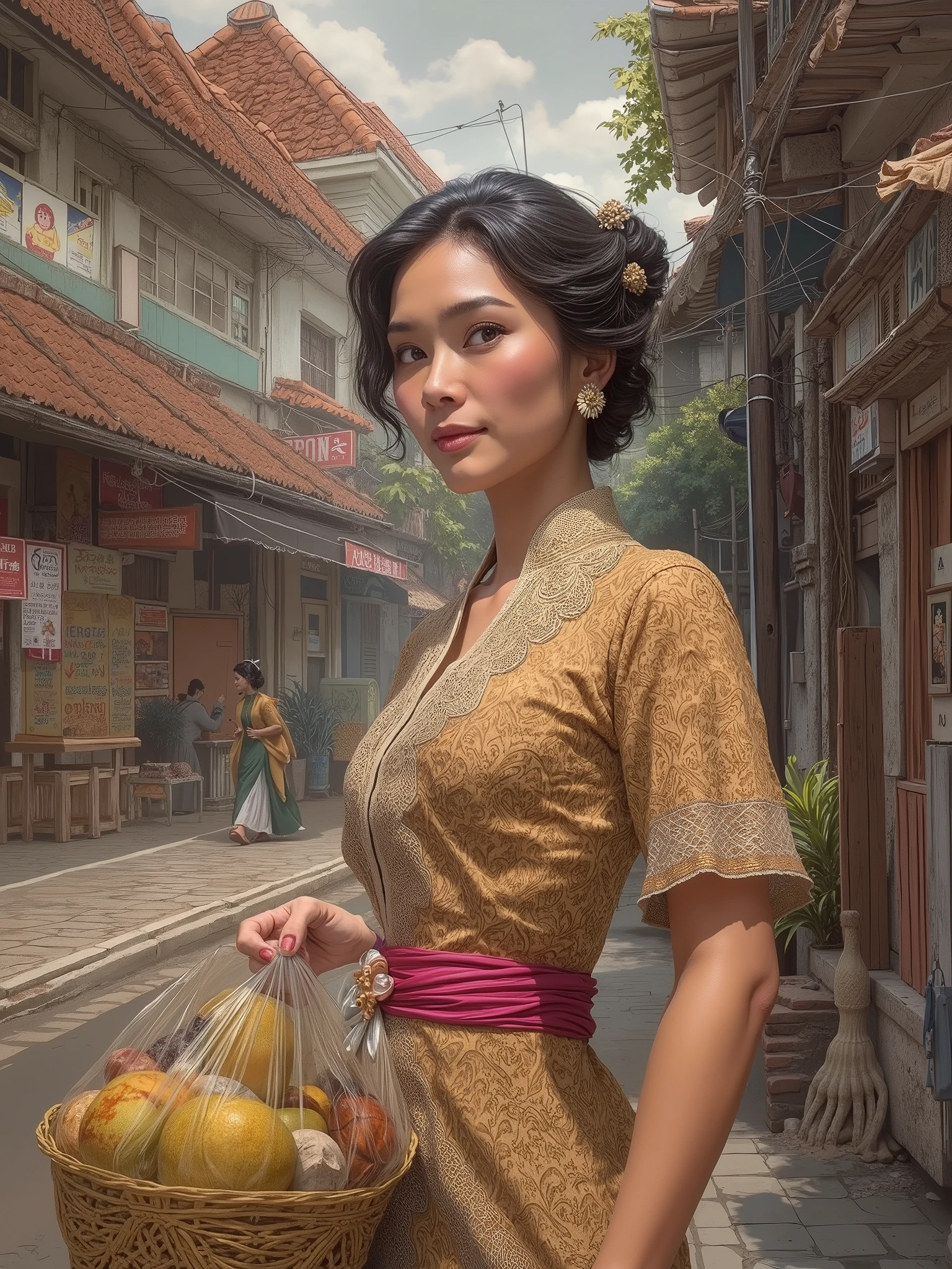 alone in the universe, in watercolor style, Photorealism, discreet golden and ruby and mint shades, (nude) a gentle, modest, thin girl of 16 years old with a very beautiful, sophisticated face of the southern type with a short dark hairstyle with beautiful breasts with tender nipples (barefoot) in a long old beige skirt walking in the distance (Across the desert), stunted little plants, drought, precious jewelry on the neck and chest and on the wrists, precious bracelets, ankle bracelets