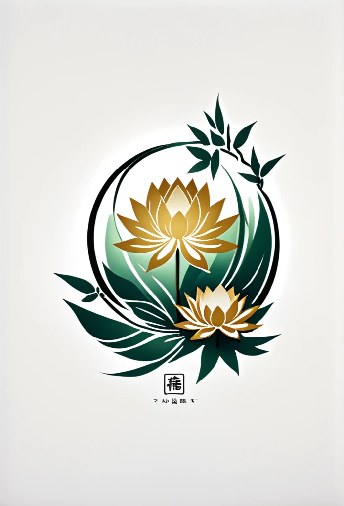 Champagne label logo in Japanese style, High-end flower fields, Bamboo Leaves, bamboo， and a logo that looks like it's flying between and between the traditional streets of Japan butterflies are hidden by 竹林 and Bamboo Leaves angle of view from an oblique angle Tasteful, bamboo为黑色，Japanese design shrines and other cool Japanese style chic and modern design， Lotus in the center， A lotus in the center， Golden lotus， monotonous， White background
