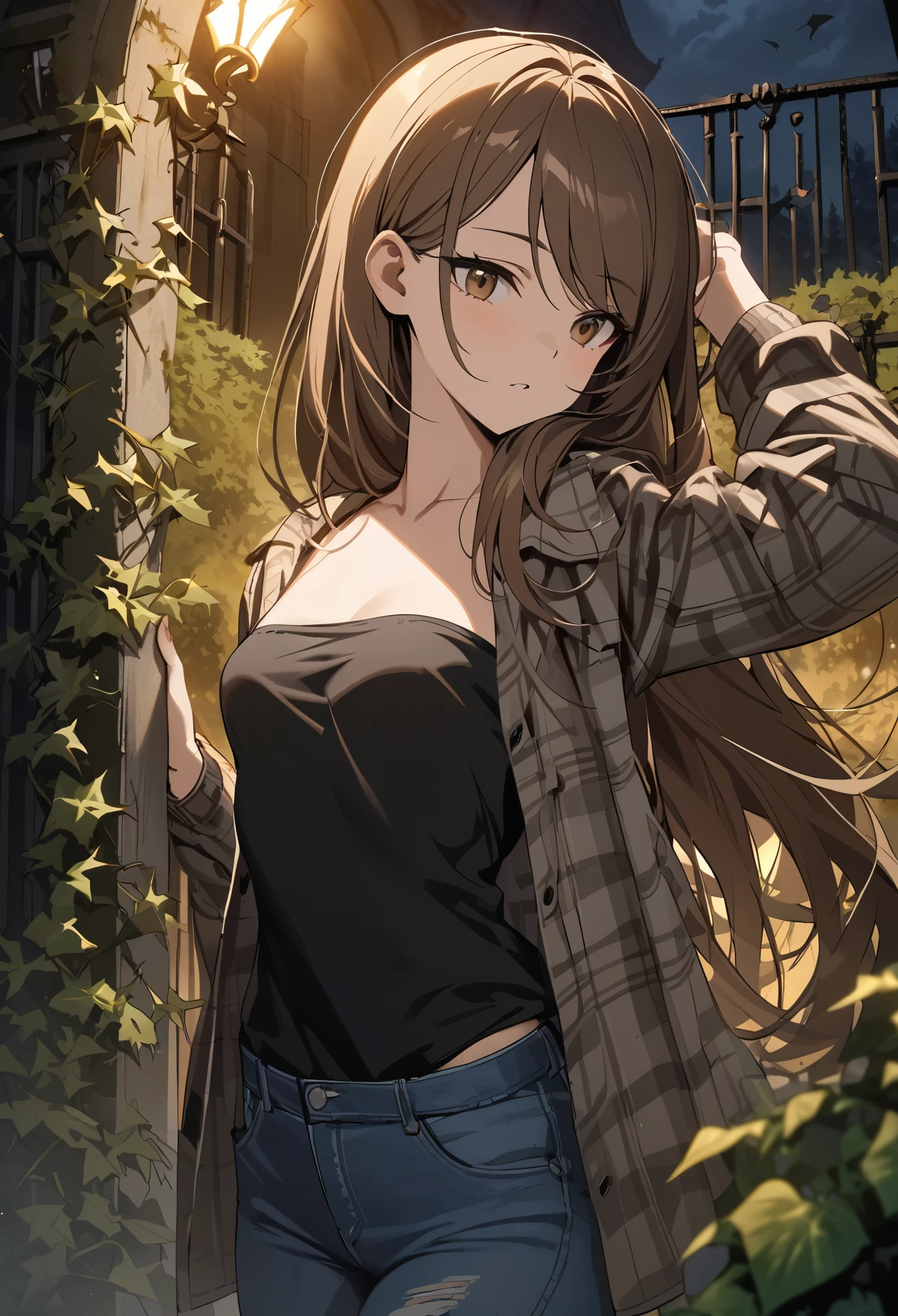 Anime girl with long hair and glasses standing in front of a fence ...