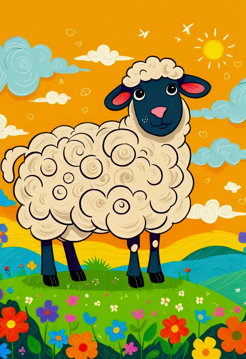 flat wind，vector，Childish art cartoon，Oil pastel graffiti，A sheep on the grass，Minimalism，Lovely art style, Colorful! Digital illustration style, The Art of Mathematics. Colorful comic, Hand drawn cartoon art style，Solid color background，black line