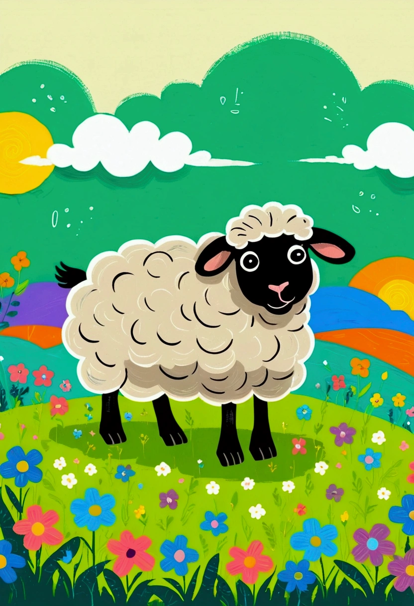 flat wind，vector，Childish art cartoon，Oil pastel graffiti，A sheep on the grass，Minimalism，Lovely art style, Colorful! Digital illustration style, The Art of Mathematics. Colorful comic, Hand drawn cartoon art style，Solid color background，black line