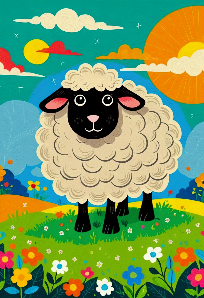 flat wind，vector，Childish art cartoon，Oil pastel graffiti，A sheep on the grass，Minimalism，Lovely art style, Colorful! Digital illustration style, The Art of Mathematics. Colorful comic, Hand drawn cartoon art style，Solid color background，black line