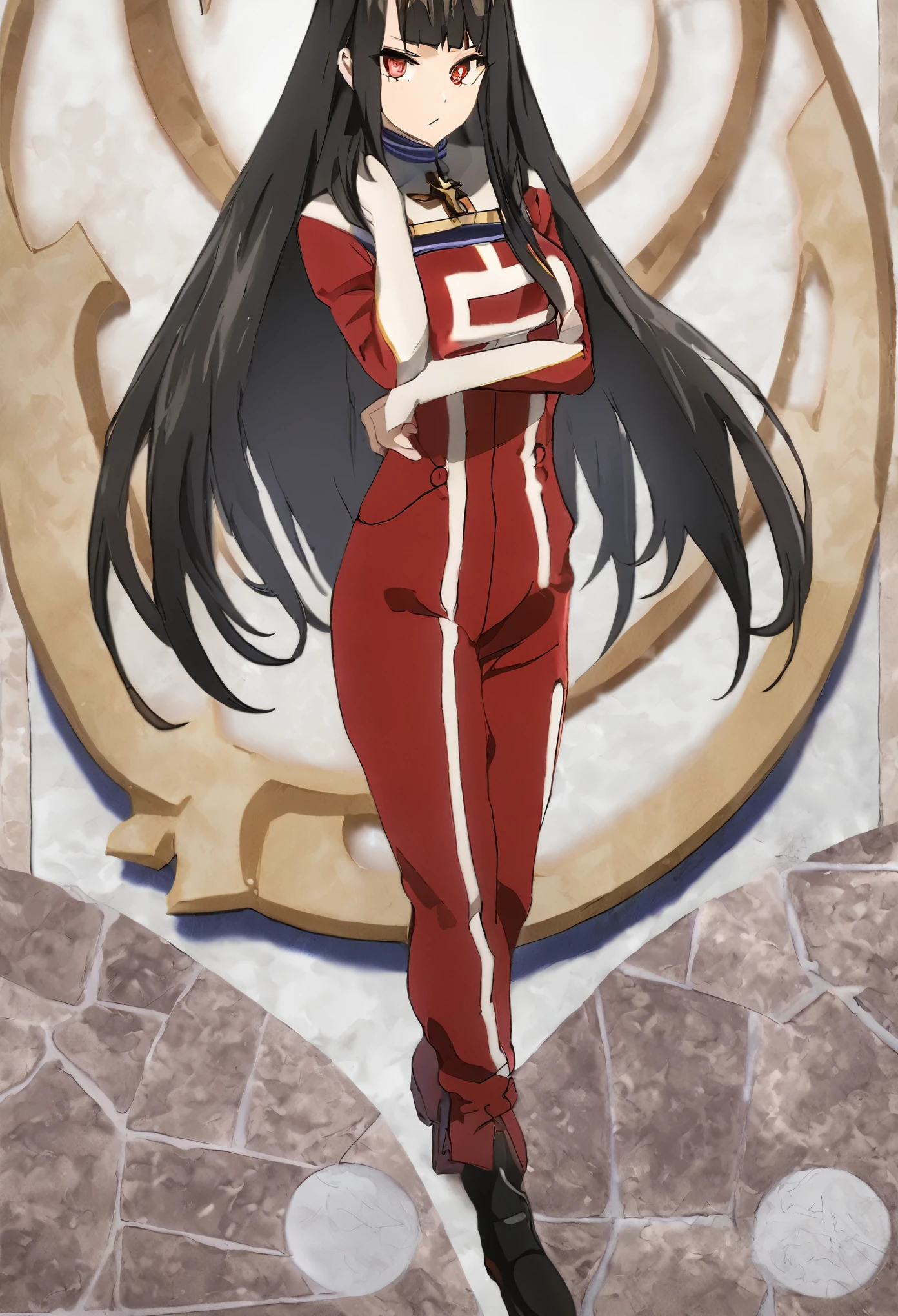 Black long hair, crimson eyes, Female, teenager, skin tight red jumpsuit with white and gold stripes in a cross converging into white circle with Philosopher's stone symbol in the middle