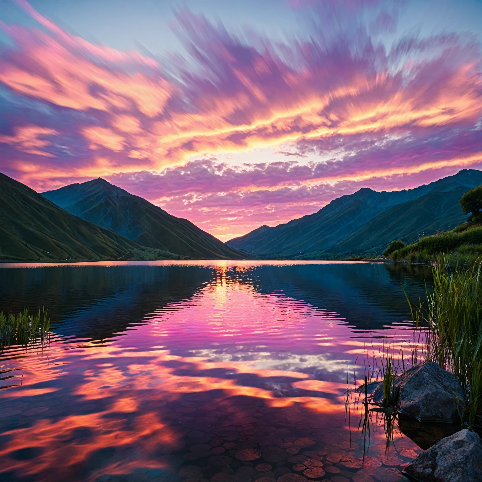 **sunset over mountain lake with sky reflection**

peaceful, Colourful sunset, pink and blue sky, picturesque, Mountains, calm water, calm, ripples on the water, nature, on open air, calm atmosphere, Deep depth of field, balanced exposure, wide angle shot, Evening light