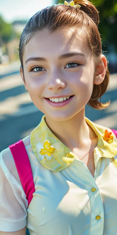 Photo of a 15 year-old European girl, .RAW, very beautiful woman, (Light brown hair ponytail) Ponytail hairstyle, freckles on cheeks , braces on teeth , Nice smile , big smile , ((portrait)), ((detailed face:1.2)), ((detailed facial features)), (finely detailed skin), Pale skin,white short sleeve shirt with pink flower 、Yellow skirt with plaid pictures , flower buckle 、a sexy one(cold color), wet, wet, Reflectors, (Tabletop) (perfect proportions)(Realistic photos)(The best quality) (detailed) photographed with a Canon EOS R5, 50mm lens, f/2.8, NffSW, (8k) (wallpaper) (cinematic lighting) (Dramatic lighting) (Sharp focus) (Convoluted) fashion, scenery , holding puppet ,  teenager , sexy