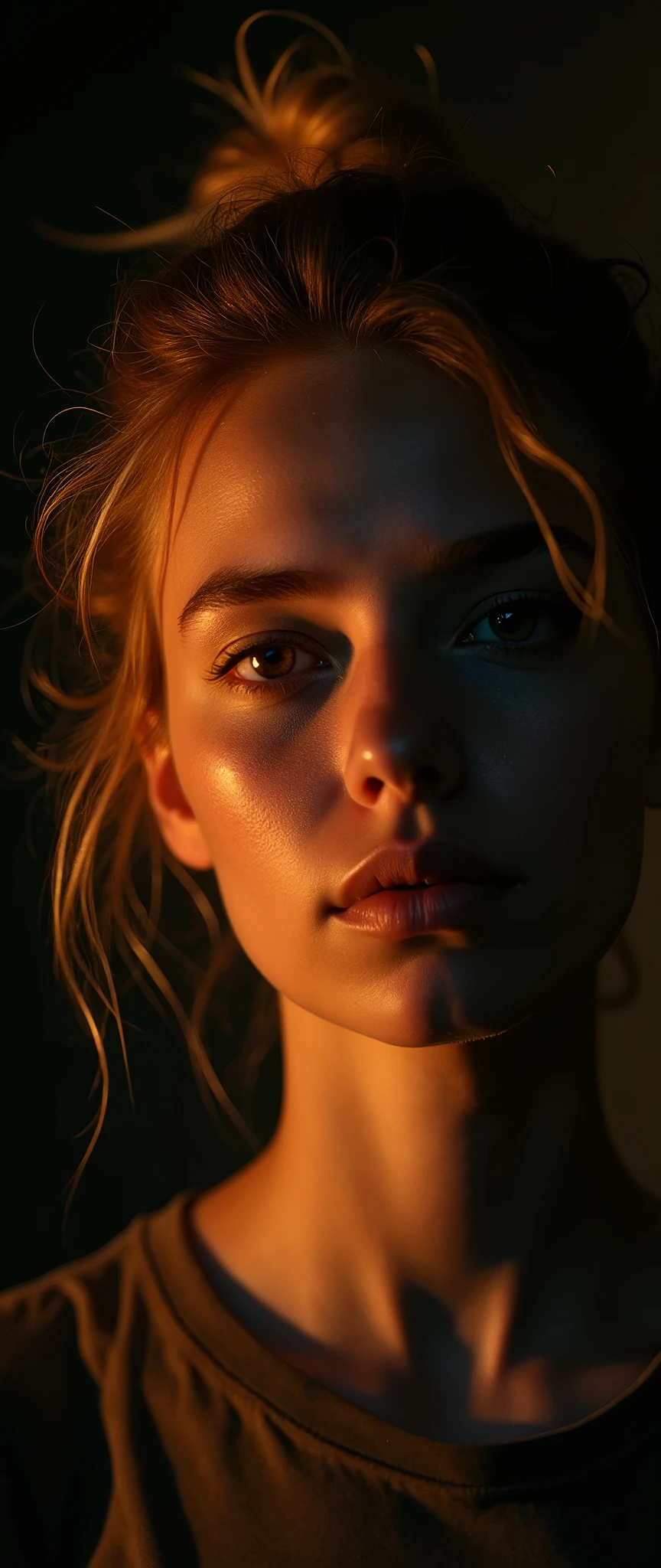 (((ultra realistic))) Photo, masterpiece, top quality, (pale skin), (Ultra detailed face and eyes:1.3), 1 girl in a T-shirt, (Eye makeup, mascara) , ((large detailed pink lips)), ((Light hair)), ((Chyolka)) , (Natural breasts). ((Posing)), photoshoot, studio (soft lighting), (The play of light and shadows), depth of field, bokeh, (special attention to skin detail: 1.2), Detailed leather texture, skin pores. (Warm atmosphere of the frame. Color range - black, Red, Yellow tones), ((Film grain)), ((rays)), ((glare from the sun)), ((waist up portrait, close to the camera)) , ultra detialed,