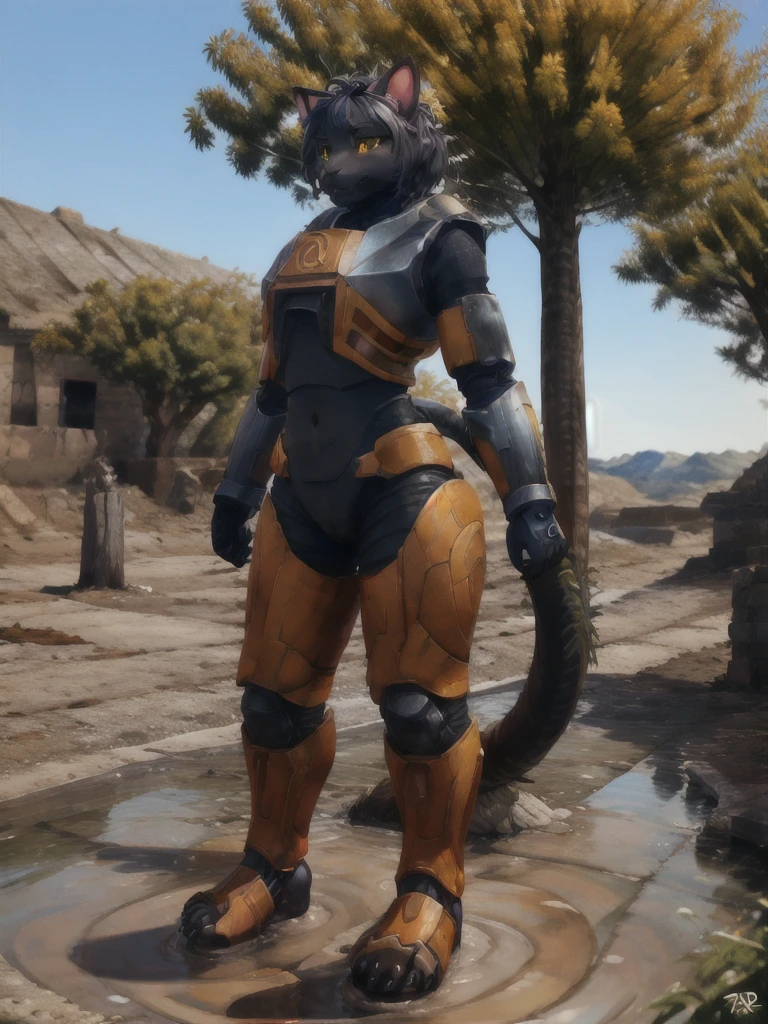 masterpiece,highly detailed,8k resolution,solo,ultra detailed perfect piece,masterpiece,extremely detailed CG 8k,very fine 8K CG,best quality,absurdres,zoomed out view,full body view, full length portrait,((anthro)), 8k, 4k, 2k, detailed, intricate, (female), ((solo)), ((detailed fur)),Perfect Anatomy

Detailed background,a apocalyptic and ruined city, aged and overgrown,trees,bushes,clear and blue sky,a couple pretty blooming flowers and a small puddle of stream of water

Do a a robotic Mark HEV suit, VI (or Mark 6) HEV suit, a giant and tall 7+ foot tall, busty and feminine with D cup and thick thighs, orange metal plating with black as the under metallic plating, i have cat ears and a cat tail, with some black hair on the top of my head, yellow eyes, a filter for a mouth with speakers to talk, but a small cat’s button nose, with paws for hands and feet
It is still SFW rated for sure,wearing tight black crop top and black short shorts, her body and head is human, her arms and legs are animal/furry like with claws and paw claws,long tail

The HEV is fully a robot and no pilot,just one robot being cat-like,must be a anthro cat and nothing else 

MFBP1, hevsuit, mk5, power armor, edgHalo