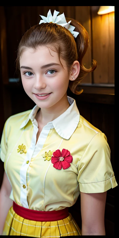 Photo of a 15 year-old European girl, .RAW, very beautiful woman, (Light brown hair ponytail) Ponytail hairstyle, freckles on cheeks , braces on teeth , Nice smile , big smile , ((portrait)), ((detailed face:1.2)), ((detailed facial features)), (finely detailed skin), Pale skin,white short sleeve shirt with pink flower 、Yellow skirt with plaid pictures , flower buckle 、a sexy one(cold color), wet, wet, Reflectors, (Tabletop) (perfect proportions)(Realistic photos)(The best quality) (detailed) photographed with a Canon EOS R5, 50mm lens, f/2.8, NffSW, (8k) (wallpaper) (cinematic lighting) (Dramatic lighting) (Sharp focus) (Convoluted) fashion, scenery , holding puppet ,  teenager ,teenage model  , Beautiful teen model, make-up 