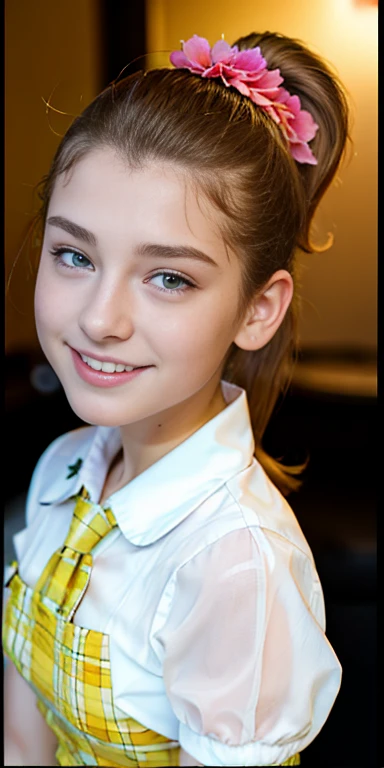 Photo of a 15 year-old European girl, .RAW, very beautiful woman, (Light brown hair ponytail) Ponytail hairstyle, freckles on cheeks , braces on teeth , Nice smile , big smile , ((portrait)), ((detailed face:1.2)), ((detailed facial features)), (finely detailed skin), Pale skin,white short sleeve shirt with pink flower 、Yellow skirt with plaid pictures , flower buckle 、a sexy one(cold color), wet, wet, Reflectors, (Tabletop) (perfect proportions)(Realistic photos)(The best quality) (detailed) photographed with a Canon EOS R5, 50mm lens, f/2.8, NffSW, (8k) (wallpaper) (cinematic lighting) (Dramatic lighting) (Sharp focus) (Convoluted) fashion, scenery , holding puppet ,  teenager ,teenage model  , Beautiful teen model, make-up 