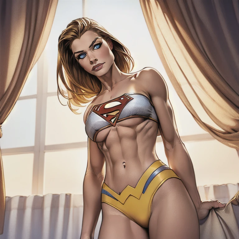 supergirl, blue eyes, parted curtain bangs, high cut bottoms, strapless tanktop, shot from below, underboob, chiceled eight-pack abs,  (obra maestra de mejor calidad, ultra realista, detallado)