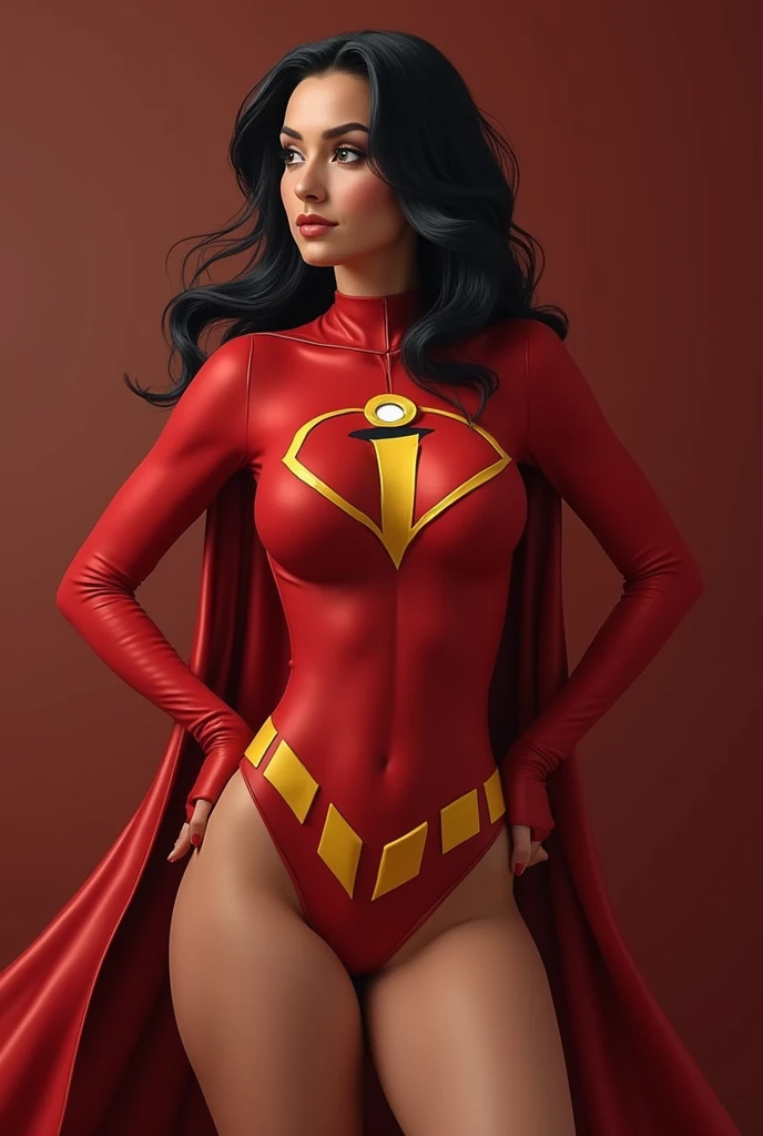 whole body图:woman, Asia, whole body, Round Face, beautiful, big eyes, Black Hair, Ponytail, Athlete physique, Sexy, Moist skin, Costumes: in spandex, Red Cape, Siamese, Tight, sleeveless, Blue top,White on both sides, Inverted white triangle symbol, 腹部镂空Siamese衣, Red lingerie, White knee socks, Red Boots, Blue fingerless short sleeves, White shooter sleeves, Red Domino Mask, Stand with one hand crossed at the waist, Glowing Energy Aura