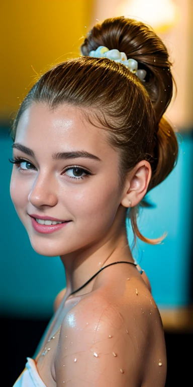 Photo of a 15 year-old European girl, .RAW, very beautiful woman, (Light brown hair ponytail) Ponytail hairstyle, freckles on cheeks , braces on teeth , Nice smile , big smile , ((portrait)), ((detailed face:1.2)), ((detailed facial features)), (finely detailed skin), Pale skin,、a sexy one(cold color), wet, wet, Reflectors, (Tabletop) (perfect proportions)(Realistic photos)(The best quality) (detailed) photographed with a Canon EOS R5, 50mm lens, f/2.8, NffSW, (8k) (wallpaper) (cinematic lighting) (Dramatic lighting) (Sharp focus) (Convoluted) fashion, scenery , holding puppet ,  teenager ,teenage model  , Beautiful teen model, make-up , beautiful outfit , Luan Loud  , Playboy bunny 