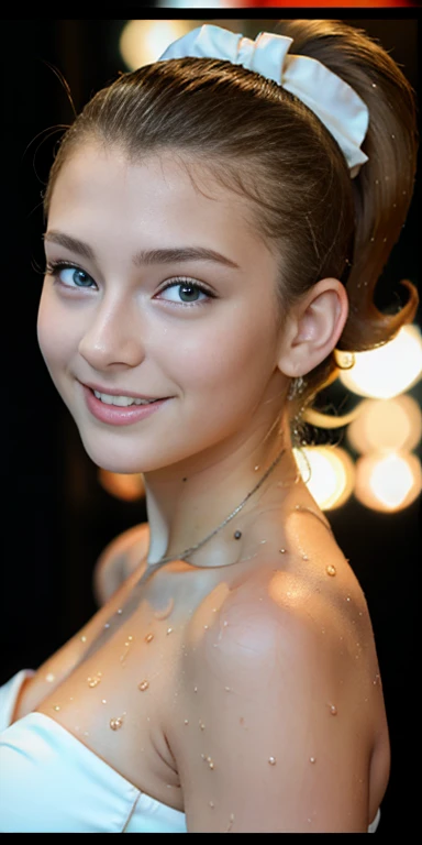 Photo of a 15 year-old European girl, .RAW, very beautiful woman, (Light brown hair ponytail) Ponytail hairstyle, freckles on cheeks , braces on teeth , Nice smile , big smile , ((portrait)), ((detailed face:1.2)), ((detailed facial features)), (finely detailed skin), Pale skin,、a sexy one(cold color), wet, wet, Reflectors, (Tabletop) (perfect proportions)(Realistic photos)(The best quality) (detailed) photographed with a Canon EOS R5, 50mm lens, f/2.8, NffSW, (8k) (wallpaper) (cinematic lighting) (Dramatic lighting) (Sharp focus) (Convoluted) fashion, scenery , holding puppet ,  teenager ,teenage model  , Beautiful teen model, make-up , beautiful outfit , Luan Loud  , Playboy bunny 