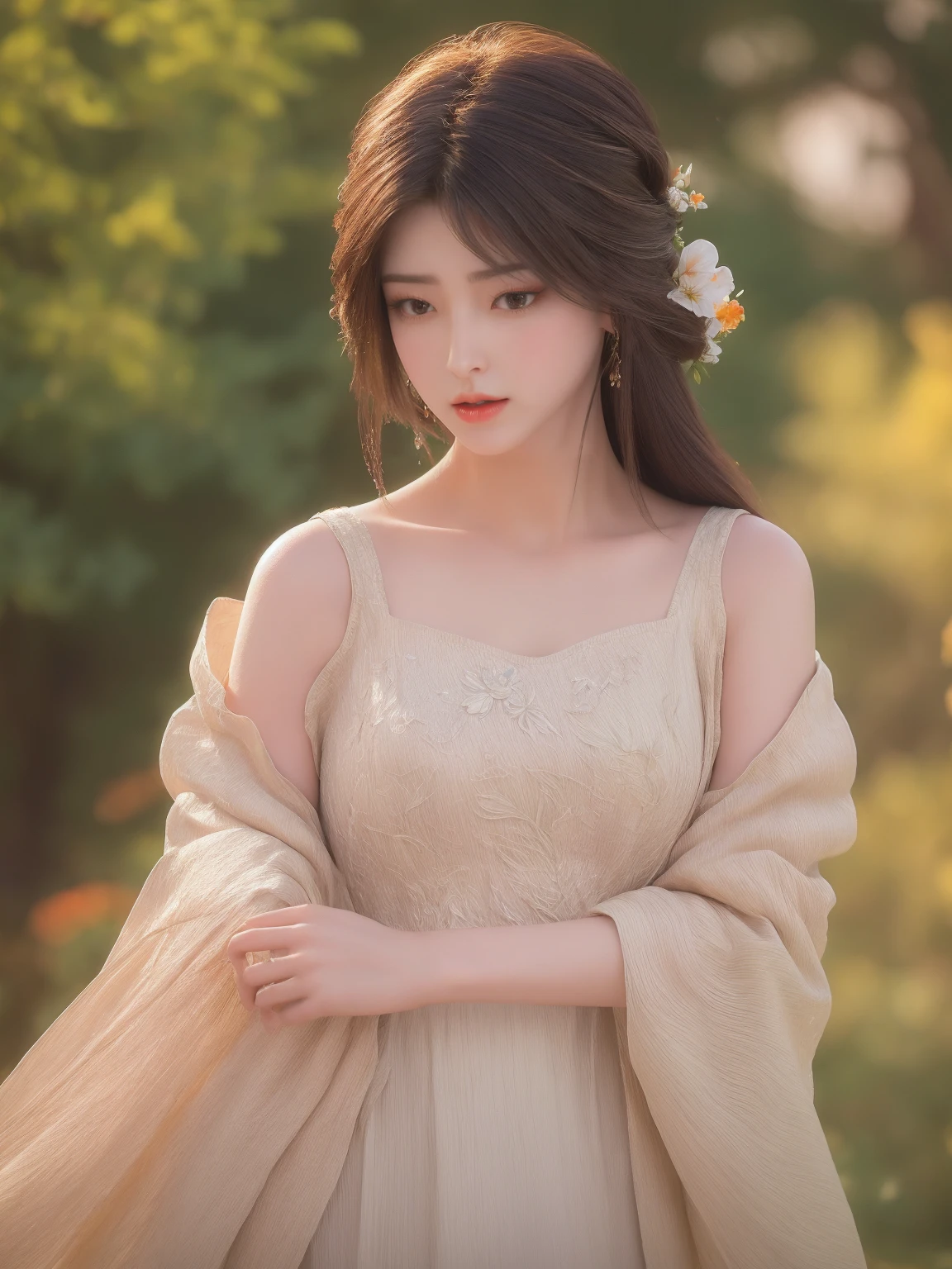 (Highest quality,Very detailed,Realistic:1.37),Vibrant colors,Studio Lighting,Beautiful attention to detail,Big Breasts、Beautiful lip detail,Very detailed目と顔,Long eyelashes,Portraiture,Light brown hair,Confident expression,feminine,Standing in the garden,Soft sunlight,Green landscape,Flowers Bloom,Peaceful atmosphere,Artistic touch,Textured brushwork,Subtle color changes,Bright white highlights,Delicate movements,Graceful pose,breeze,Rustling of leaves,Sophisticated style,Professional artwork,Feminine beauty.