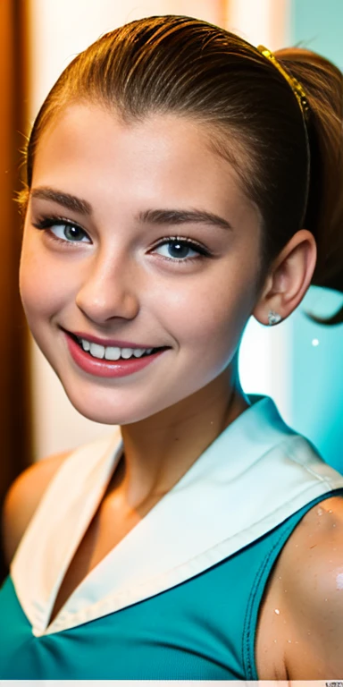 Photo of a 15 year-old European girl, .RAW, very beautiful woman, (Light brown hair ponytail) Ponytail hairstyle, freckles on cheeks , braces on teeth , Nice smile , big smile , ((portrait)), ((detailed face:1.2)), ((detailed facial features)), (finely detailed skin), Pale skin,、a sexy one(cold color), wet, wet, Reflectors, (Tabletop) (perfect proportions)(Realistic photos)(The best quality) (detailed) photographed with a Canon EOS R5, 50mm lens, f/2.8, NffSW, (8k) (wallpaper) (cinematic lighting) (Dramatic lighting) (Sharp focus) (Convoluted) fashion, scenery , holding puppet ,  teenager ,teenage model  , Beautiful teen model, make-up , beautiful outfit   , Luan Loud  