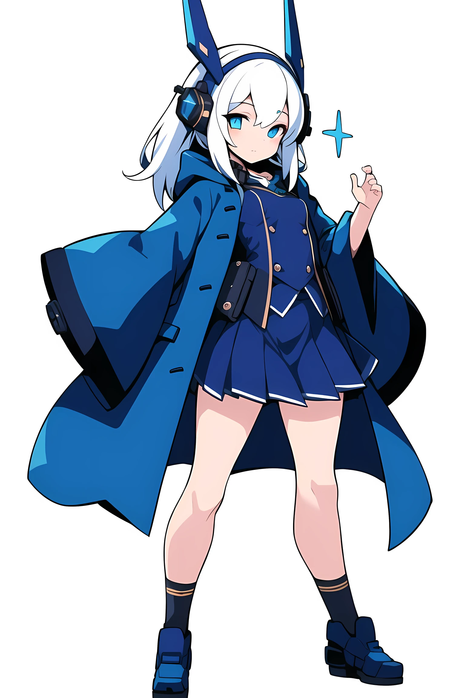 [(NO BACKGROUND:1.5),::5] (WHITE BACKGROUND:1.5), [(HEADGEAR:1.5)::,5] (small breasts:1.5) [(DYNAMIC POSE:1.5),::5] (full body:1.5), (1girl:1.5), solo, looking at viewer, (blue coat, robe, blue robe, wizard robe, clothes, shirt, contemporary, modern, science fiction, futuristic:1.4), solo, full body, masterpiece, solo, futuristic, beautiful, detailed eyes, detailed face, (white hair:1.4), absurdres, ultra-detail, masterpiece, highres, 4k, high quality, digital art, sparkling eyes, (skirt:1.3)