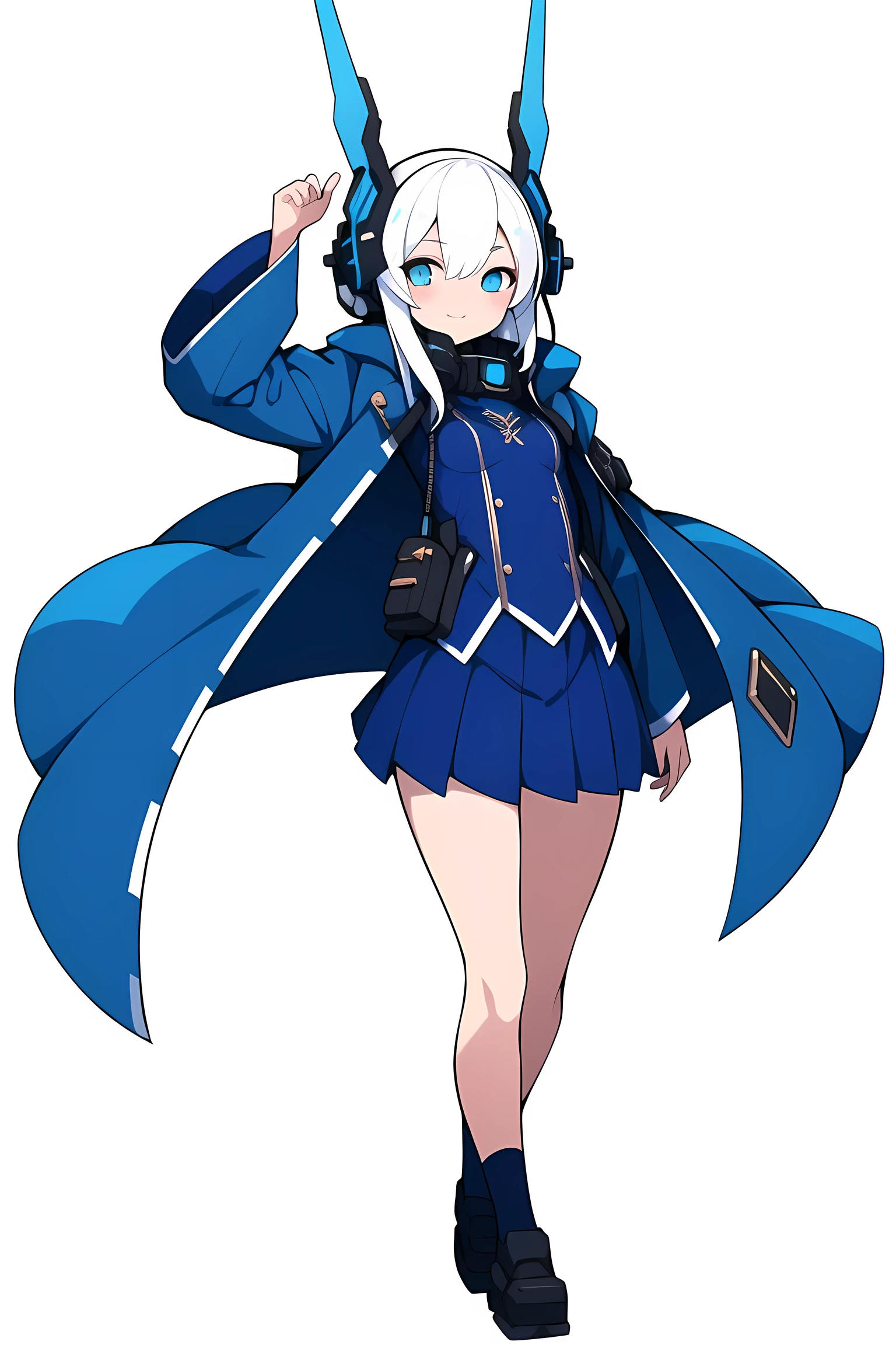 [(NO BACKGROUND:1.5),::5] (WHITE BACKGROUND:1.5), [(HEADGEAR:1.5)::,5] (small breasts:1.5) [(DYNAMIC POSE:1.5),::5] (full body:1.5), (1girl:1.5), solo, looking at viewer, (blue coat, robe, blue robe, wizard robe, clothes, shirt, contemporary, modern, science fiction, futuristic:1.4), solo, full body, masterpiece, solo, futuristic, beautiful, detailed eyes, detailed face, (white hair:1.4), absurdres, ultra-detail, masterpiece, highres, 4k, high quality, digital art, sparkling eyes, (skirt:1.3)