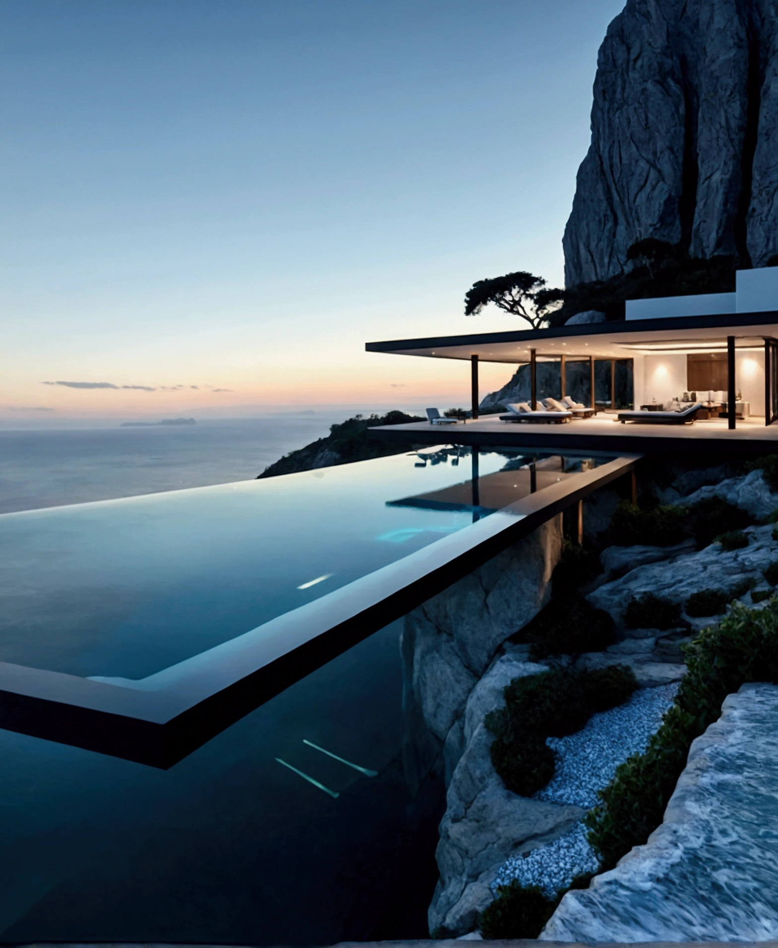 The image showcases a breathtaking modern architectural marvel set against a serene ocean backdrop. The building features an infinity pool on an upper deck that seamlessly blends with the horizon, creating a mesmerizing visual effect. Below this level is a spacious, open-air living area with minimalist furniture, including lounge chairs, a coffee table, and a sofa, all designed to maximize comfort while maintaining a sleek aesthetic. The structure is perched on the edge of a cliff, offering stunning panoramic views of the ocean and distant mountains. Show views from inside the house 