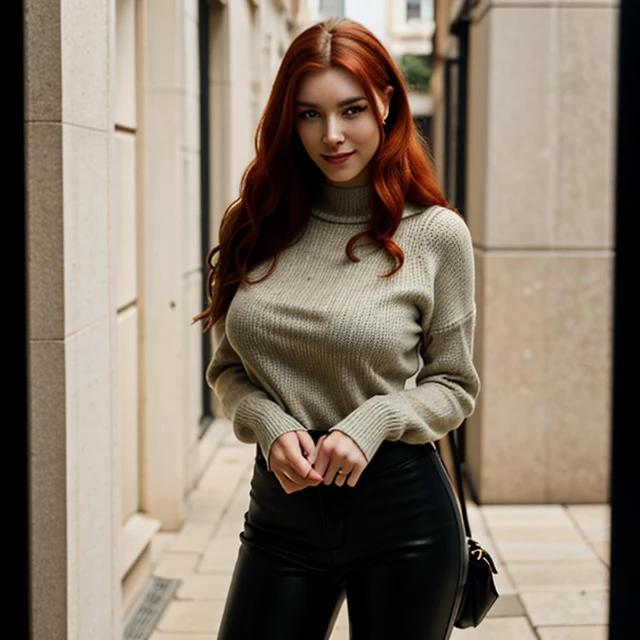 A wide shot of a young goddess and seductive influencer, 2, height 160 cm, with a sensual style and beauty, (medium large breast:1.2), (green eyes), (fake smile:1.2) (red hair) (Wavy hair:1.1) wearing a Knitted sweater in neutral tones and Skinny Faux Leather Pants, captured on the streets of madrid , bokeh style semi blurred background. Iphone 14 pro max triple front camera, capturing natural light and shadows, still raw, photorealistic, details and texture.