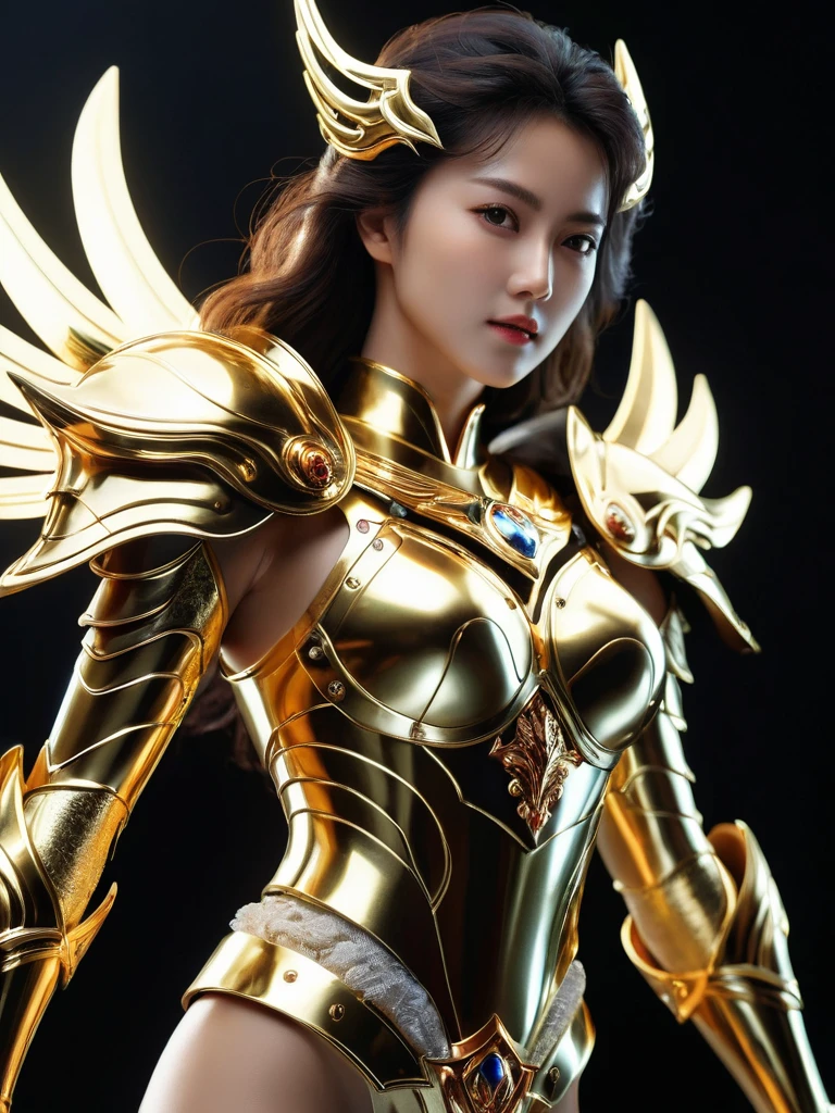 beautiful Korean woman, (((Mikamaria))), Wearing shining golden armor，Expose the waistline，Show your thighs，cool pose， Saint Seiya ArmorHigh Detail, anime style, Movie Lighting, spark, Divine Light, Ray Tracing, Film Grain, Ultra HD, textured skin, Super Detail, anatomically correct, high resolution，Super high saturation，High contrast，high gloss armor，Smooth skin，a sinister sneer，Realistically，（masterpiece，Top quantity，Best quality，official art，Beauty and aesthetics：1.2），Very detailed，Fractal art，Colorful