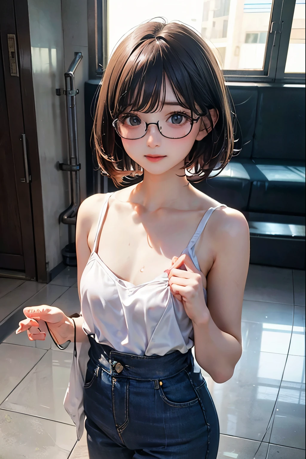 Highest quality, RAW Photos, Realistic, face, Incredibly beautiful girl, cute, length Hair,ponytail,Glasses,Written boundary depth, High resolution, 超detailed, detailed, Very detaileded, extremely detaileded eye and face, Sharp pupils, Realistic students, Sharp focus, Cinema Lighting, Japanese, Short Woman, Physical build, Short arms, length, Narrow eyes, Fleeting atmosphere, , Brown Bob Hair, ((thin唇)), White top and bottom underwear, masterpiece, Highest quality, detailedな肌, detailedなface, fine grain, 8K, Excellent anatomy, Full body portrait,flat breasts, small breasts, small,( small bust: 1.2), small bust, (slim, small, flat, small), thin, Delicate and sexy collarbone, One Girl, (beautiful girl, Delicate girl:1.3), (10 years old