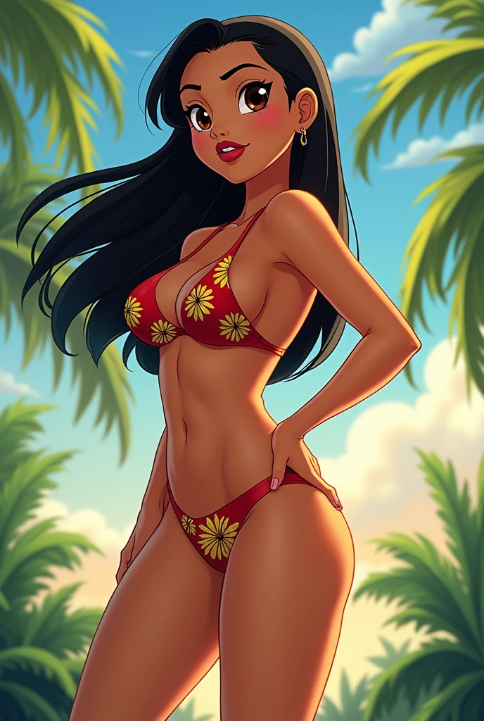 (masterpiece, best quality), 1girl, lilo pelekai,1girl,solo, detailed eyes,long blaack hair, flat chest, tan skin, detailed nipples,  red micro bikini, detailed vagina, backside, rearview, behind, 